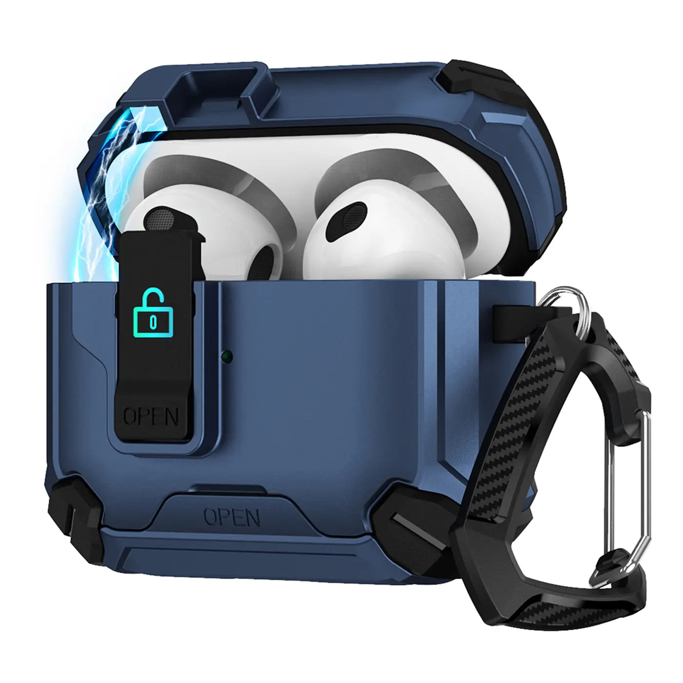 Marineblaue, offene Defender Hülle aus Kunststoff für AirPods Pro 2 mit Karabiner, schräg von vorne.