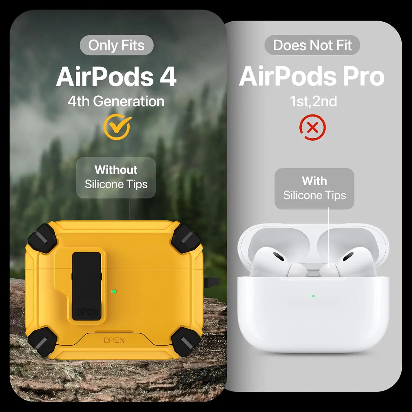 Gelbe, robuste Kunststoff-Hülle für AirPods 4 von oben, daneben weiße AirPods Pro 2. Generation zum Vergleich.