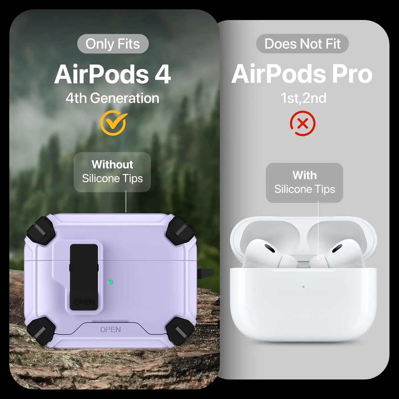 Lila AirPods 4 Defender Hülle mit Karabiner, schräg von oben auf Holz liegend. Rechts weiße AirPods Pro 2.