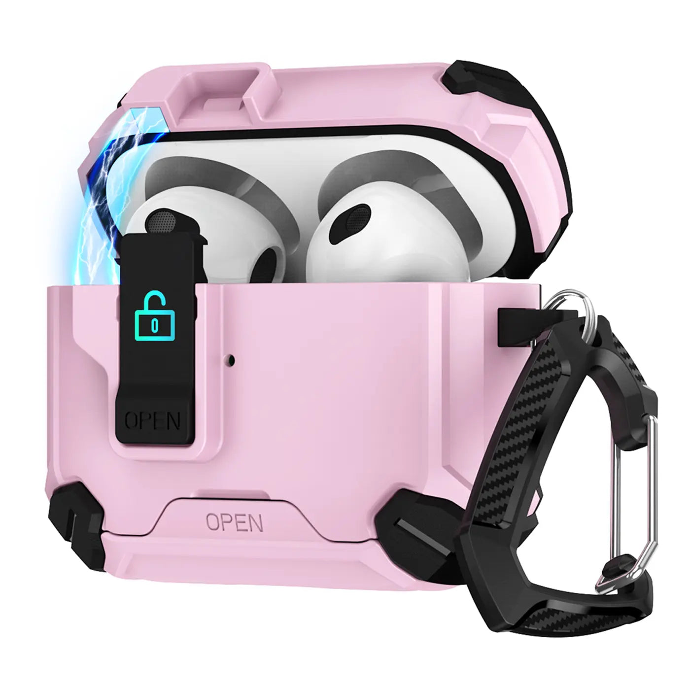 Offene, rosa Defender Hülle aus Kunststoff für AirPods 4 mit Karabiner, schräg von vorne. Blaue Ladeanzeige sichtbar.