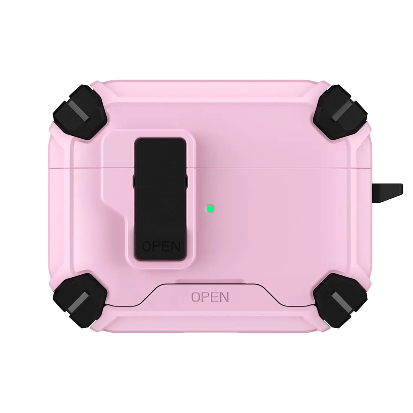 Rosa AirPods 4 Defender Hülle aus Kunststoff mit schwarzen Gummi-Ecken und Karabiner, Draufsicht.