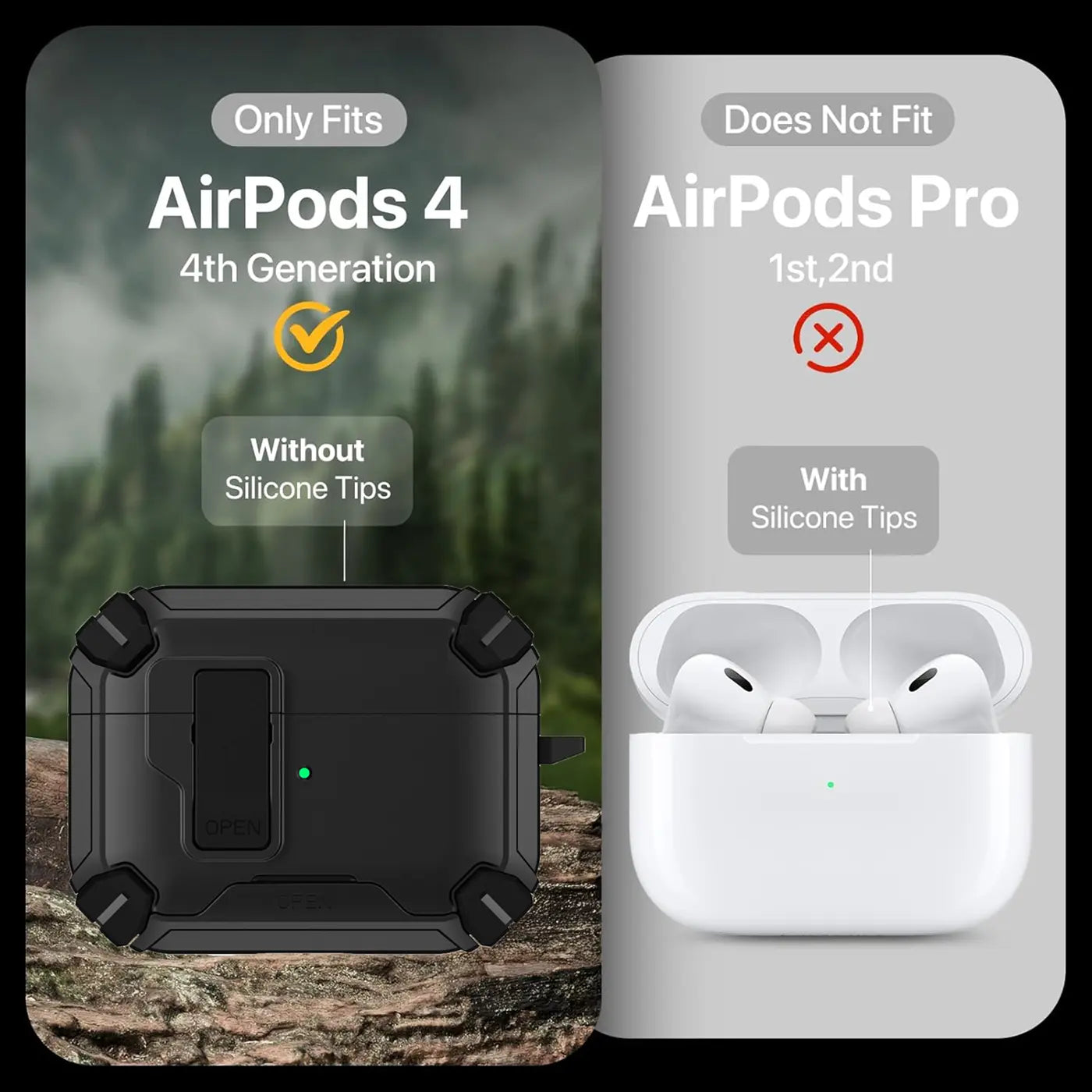 Schwarze, robuste AirPods 4 Hülle mit Karabiner, auf Stein liegend. Rechts daneben weiße AirPods Pro, geöffnet.