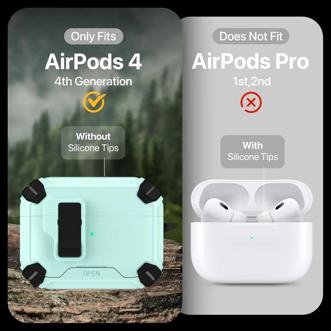 Mintgrüne, robuste AirPods 4 Hülle mit schwarzem Karabinerhaken, von vorne auf Felsen liegend. Rechts: weiße AirPods Pro.
