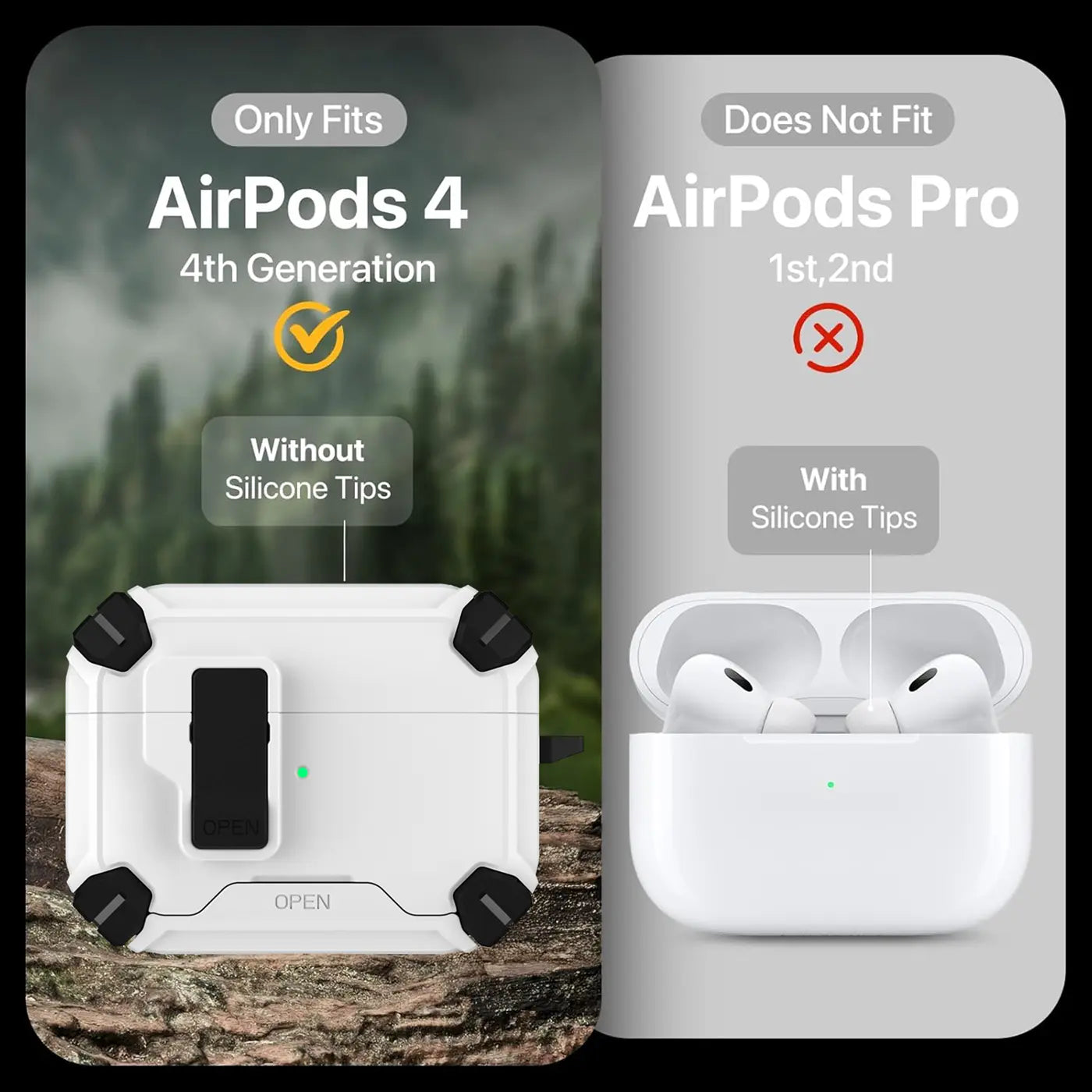 Weiße AirPods 4 Defender Hülle aus Kunststoff mit schwarzem Karabiner, leicht schräg von oben auf Felsen. Rechts AirPods Pro.