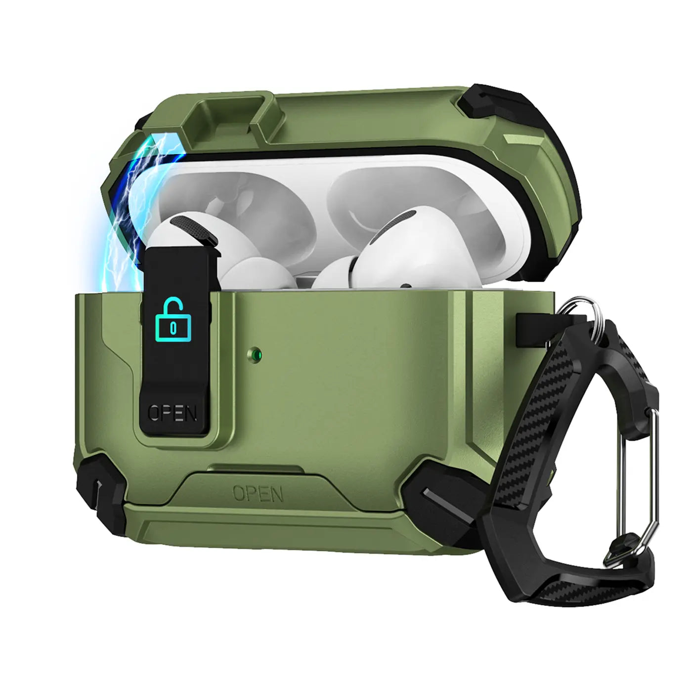 Geöffnete, olivgrüne AirPods Pro Defender Hülle aus Kunststoff mit Karabiner, von vorne oben, mit weißen AirPods.