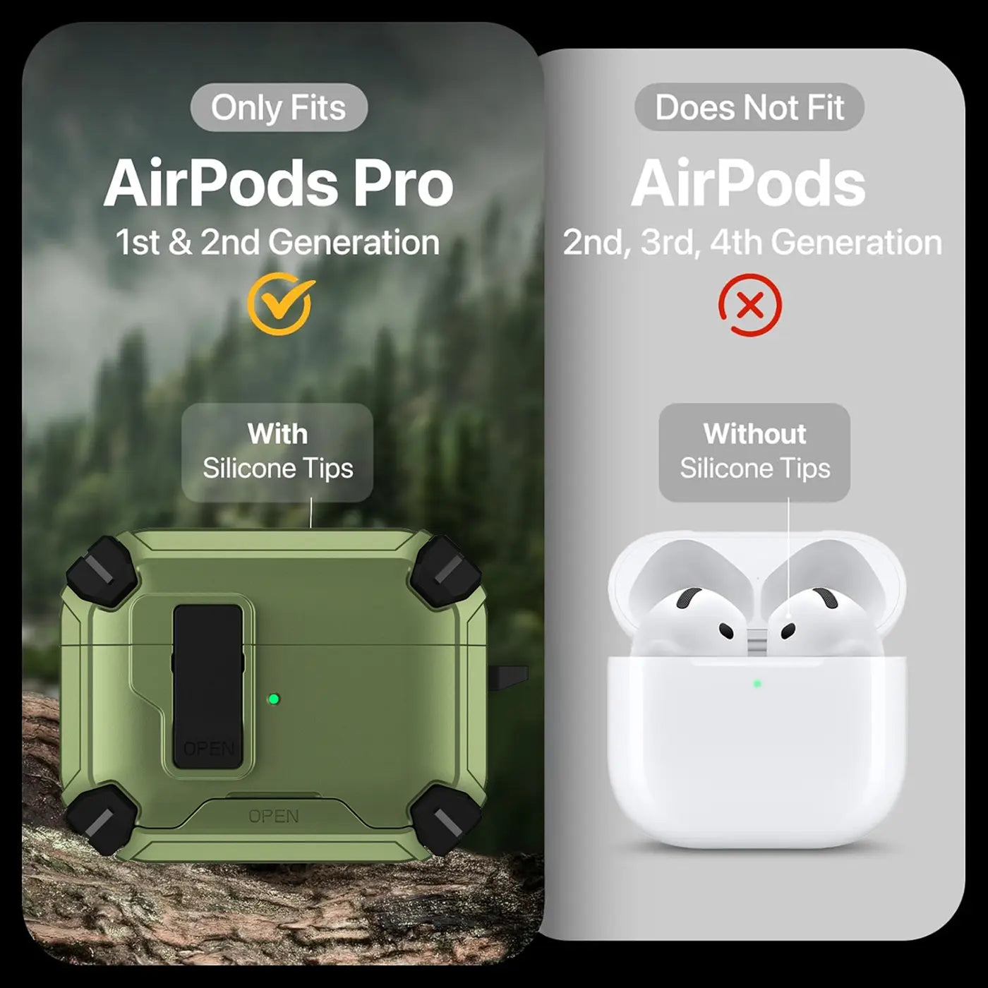 Grüne AirPods Pro Defender Hülle mit Karabiner, schräg von vorne auf Holz liegend. Rechts: Weiße AirPods-Hülle.