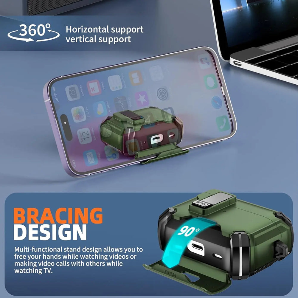 Schutzhülle für AirPods Pro / Pro 2 mit stoßfestem Gehäuse, Karabiner und Standfunktion - ideal für Alltag und unterwegs