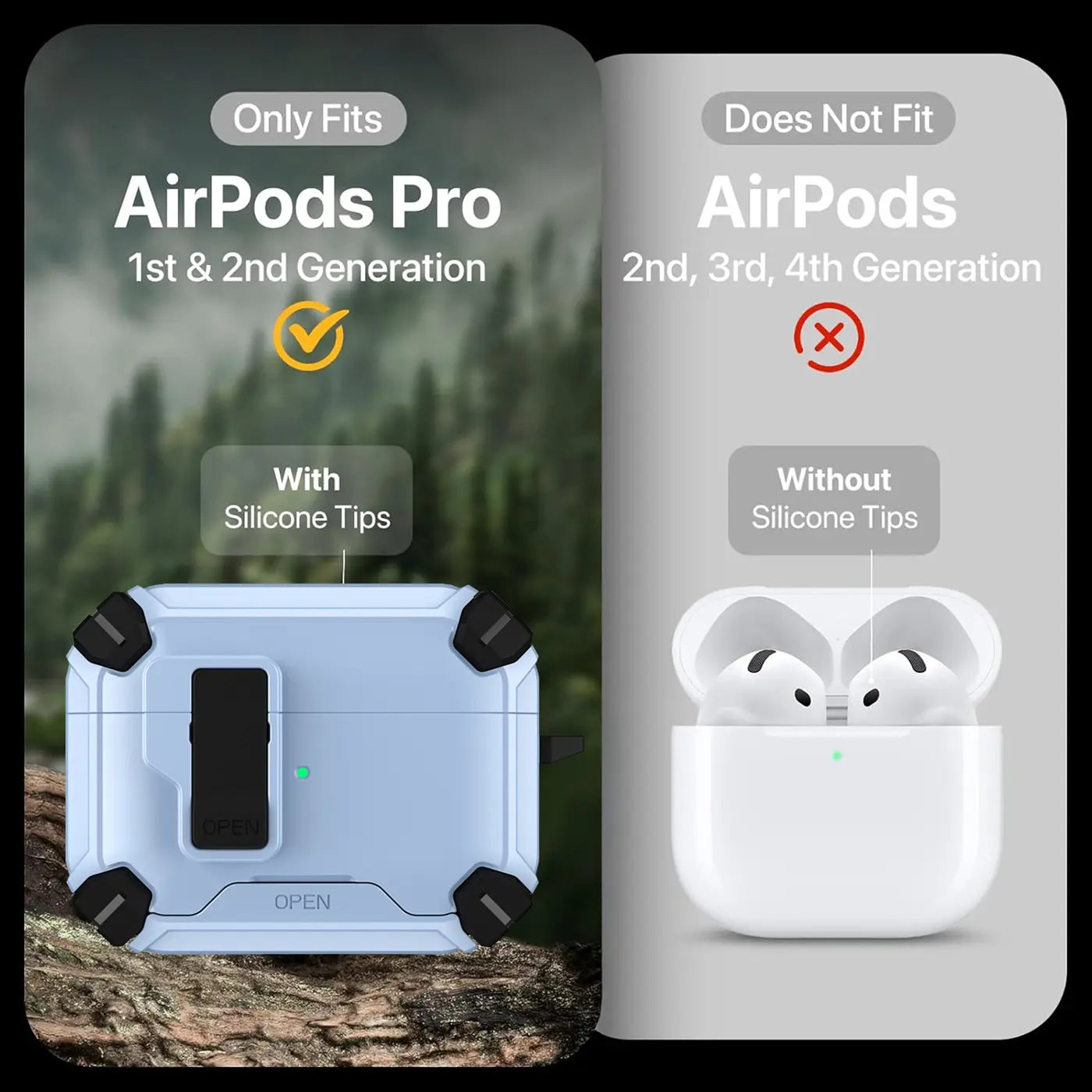 Hellblaue, robuste AirPods Pro Hülle mit schwarzem Karabinerhalter auf Baumstamm, daneben weiße AirPods in Ladeschale.