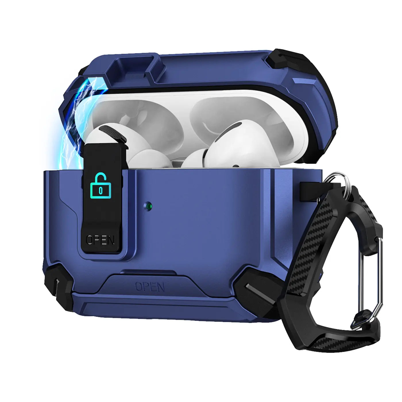 Blaue, robuste AirPods Pro Hülle aus Kunststoff mit offenem Deckel, sichtbaren AirPods und schwarzem Karabiner.