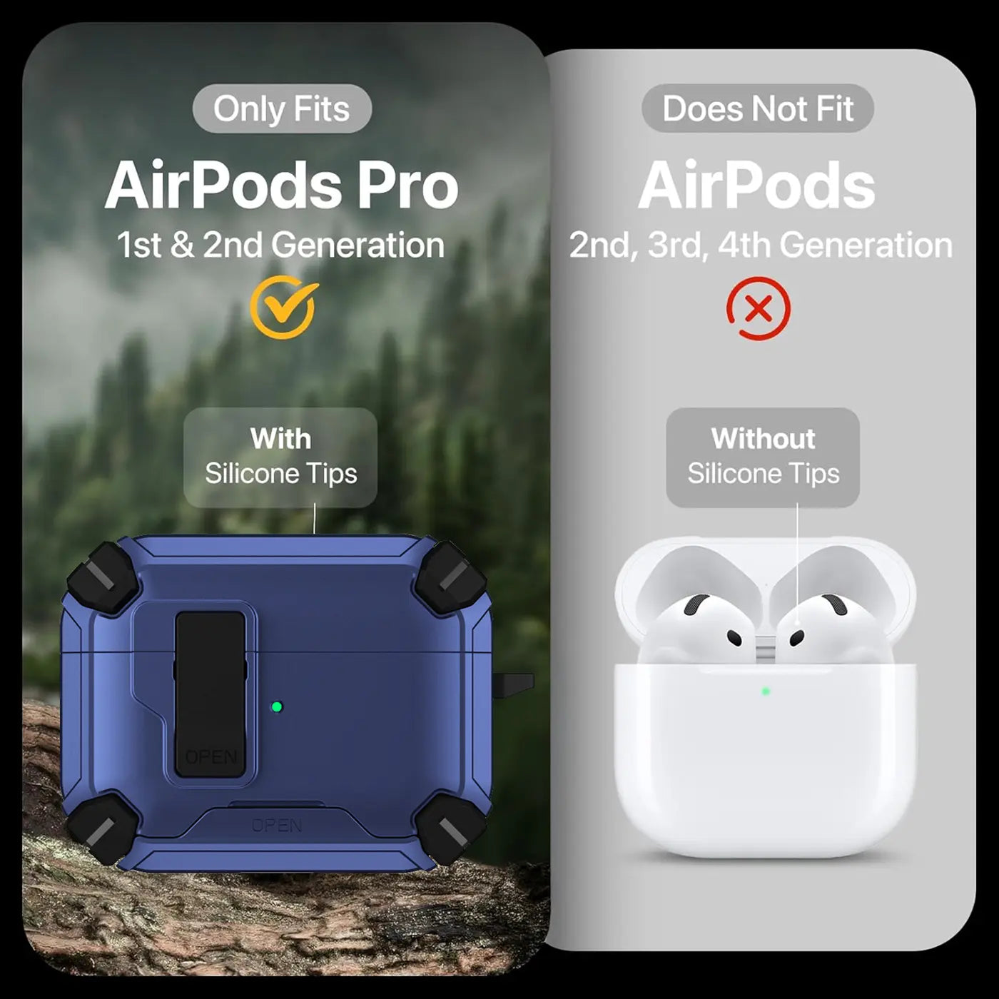 Dunkelblaue, robuste AirPods Pro Hülle (1./2. Gen) aus Kunststoff/Silikon, Draufsicht. Rechts: weiße AirPods (2./3./4. Gen).