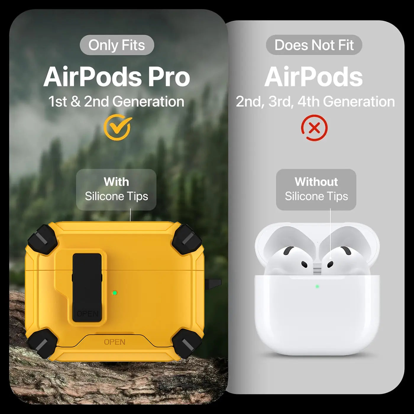 Gelbe, robuste AirPods Pro Hülle mit schwarzem Karabinerhalter, auf Holz liegend. Daneben eine weiße AirPods Ladehülle.