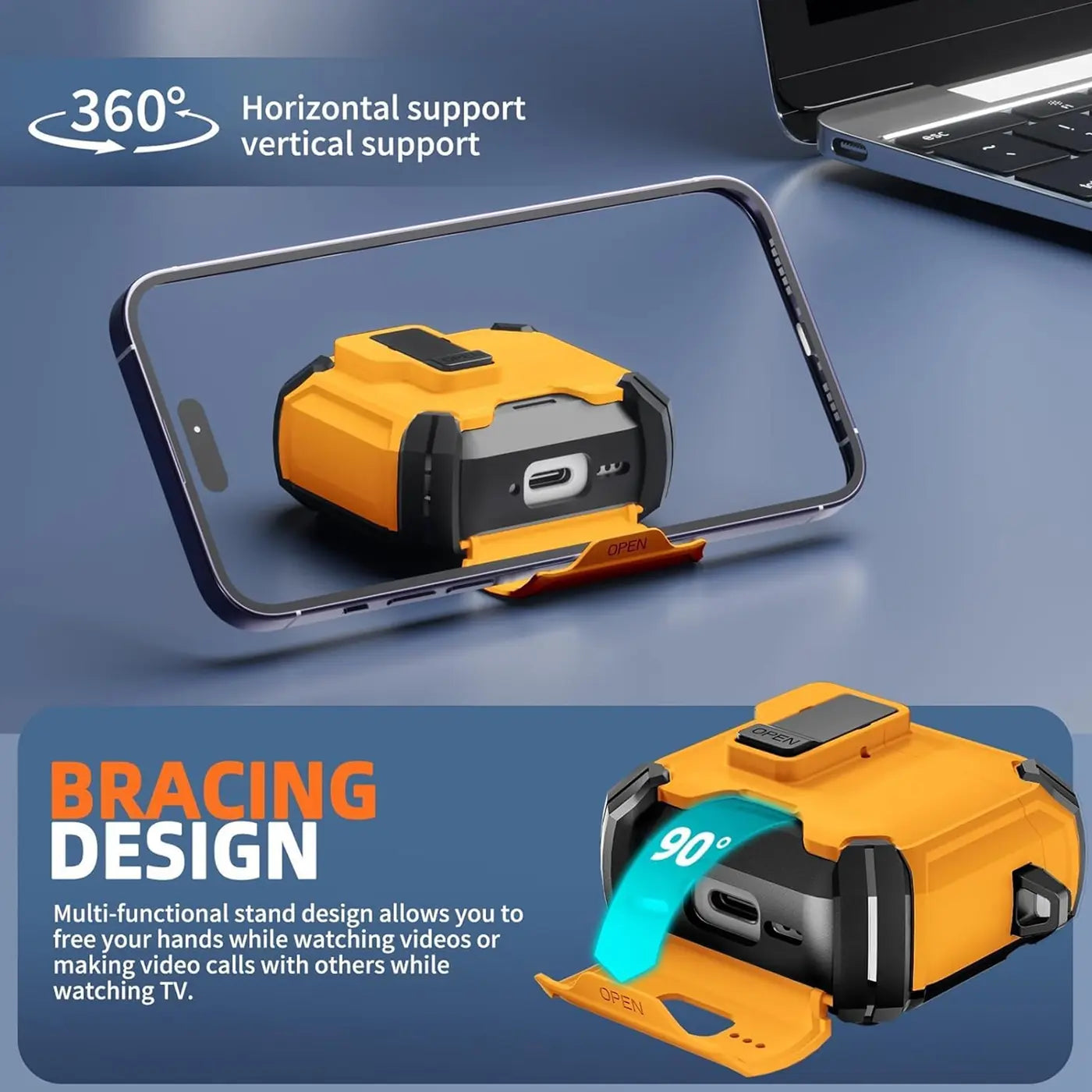Orange-schwarze AirPods Pro Defender Hülle aus Kunststoff, als Handy-Ständer genutzt, schräg von oben.
