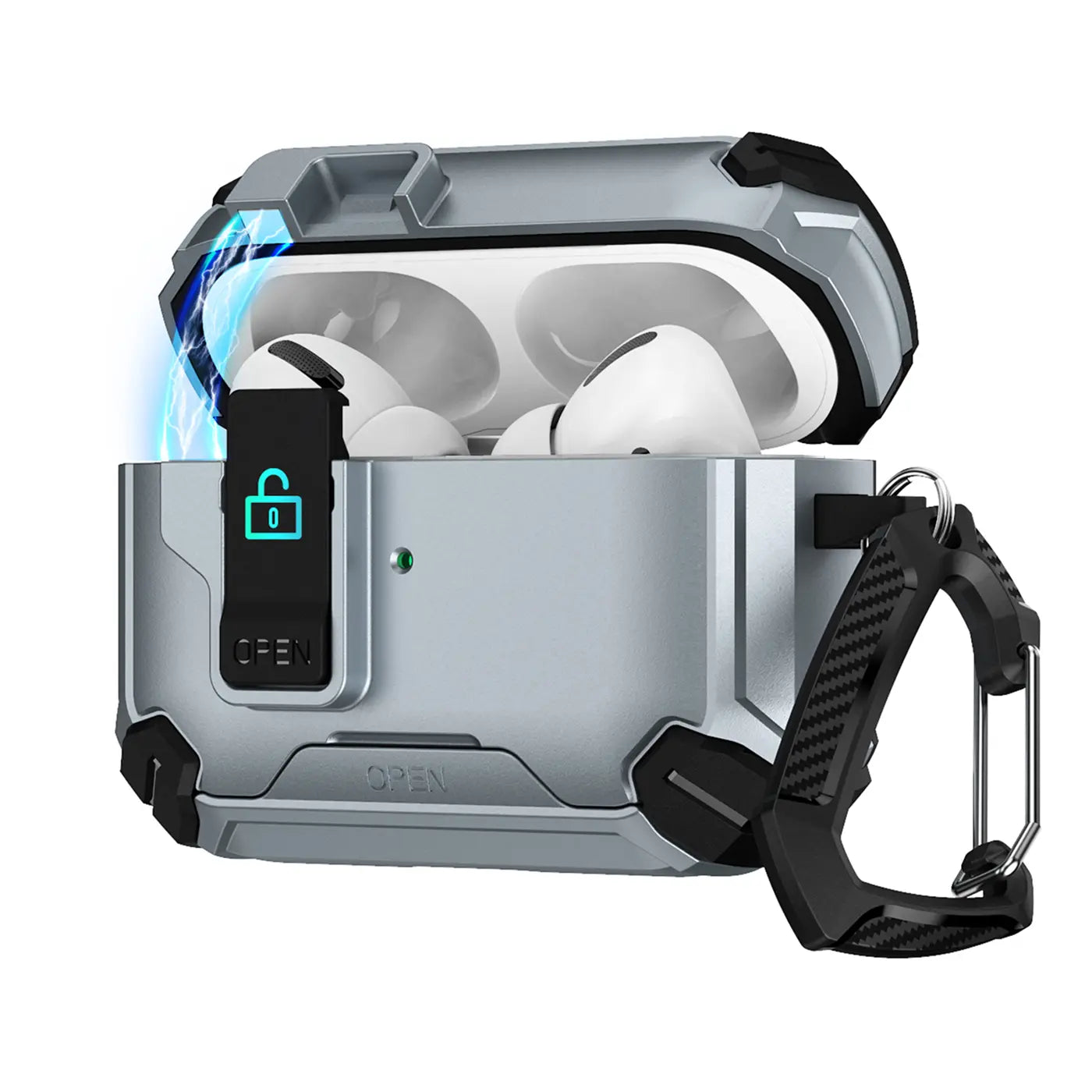 Silberne, offene AirPods Pro Defender Hülle aus Kunststoff mit Karabiner, AirPods Pro sind sichtbar, schräg von vorne.