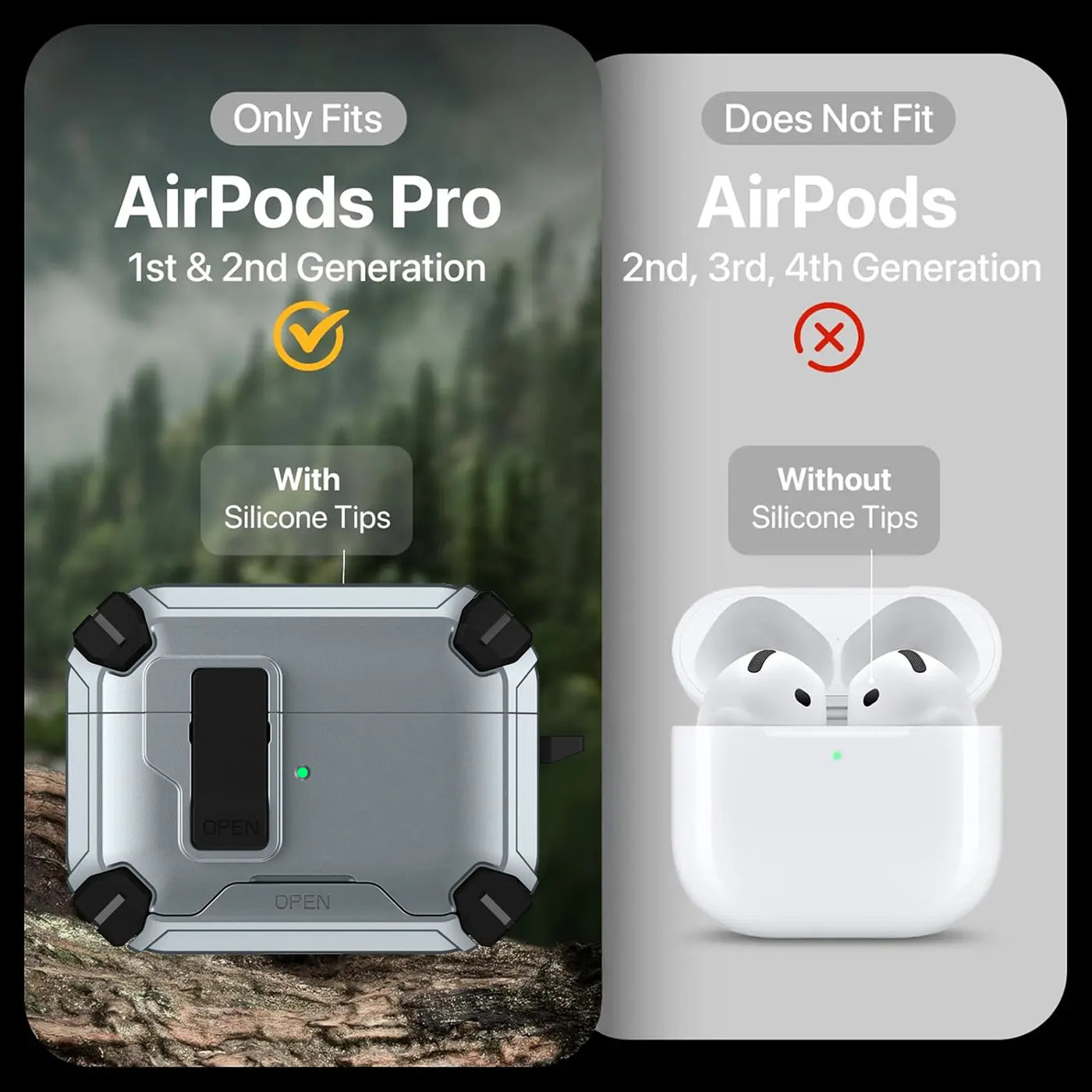 Silberne Defender Hülle für AirPods Pro 1/2 aus Kunststoff/Silikon, von oben, auf Holz liegend.