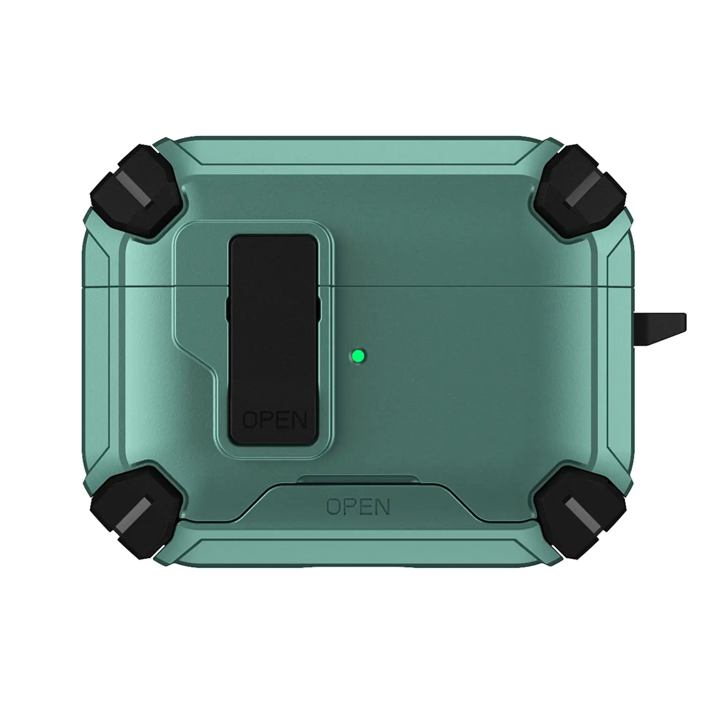 Grüne, robuste Kunststoff-Hülle für AirPods Pro/Pro 2, von oben gesehen. Mit schwarzem Verschluss und Karabineröse.
