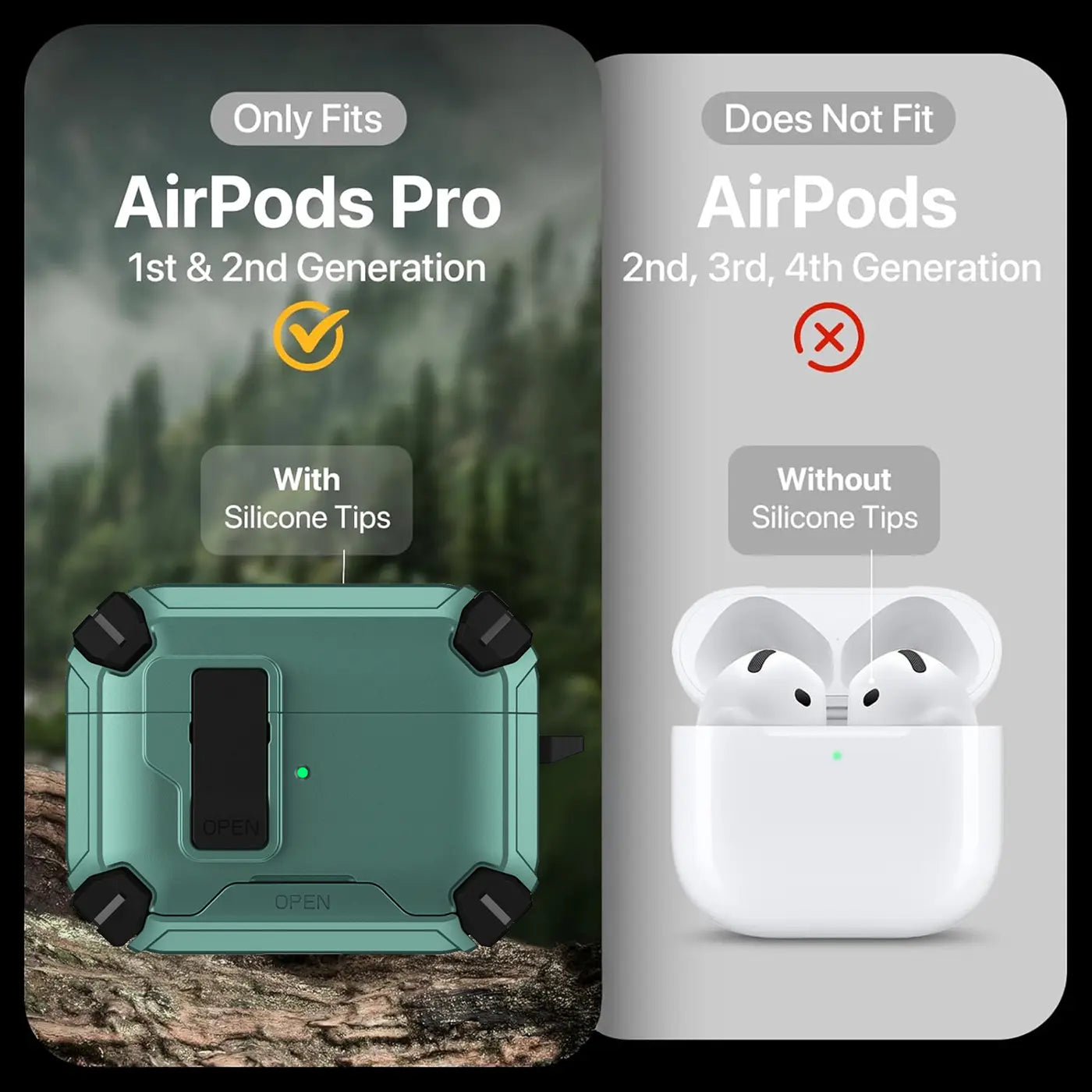 Grüne, robuste AirPods Pro Hülle aus Kunststoff/Silikon, schräg von oben, auf Felsen; daneben weiße AirPods.