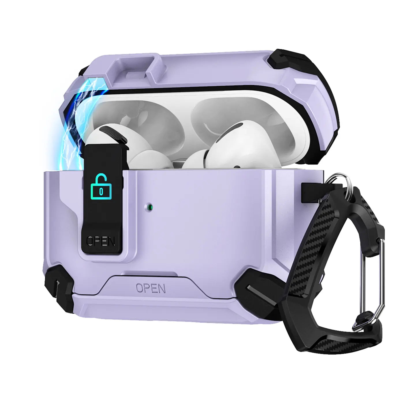 Lila AirPods Pro Defender Hülle aus Kunststoff, offen mit weißen AirPods Pro, seitlicher Karabiner, leicht schräg von vorne.