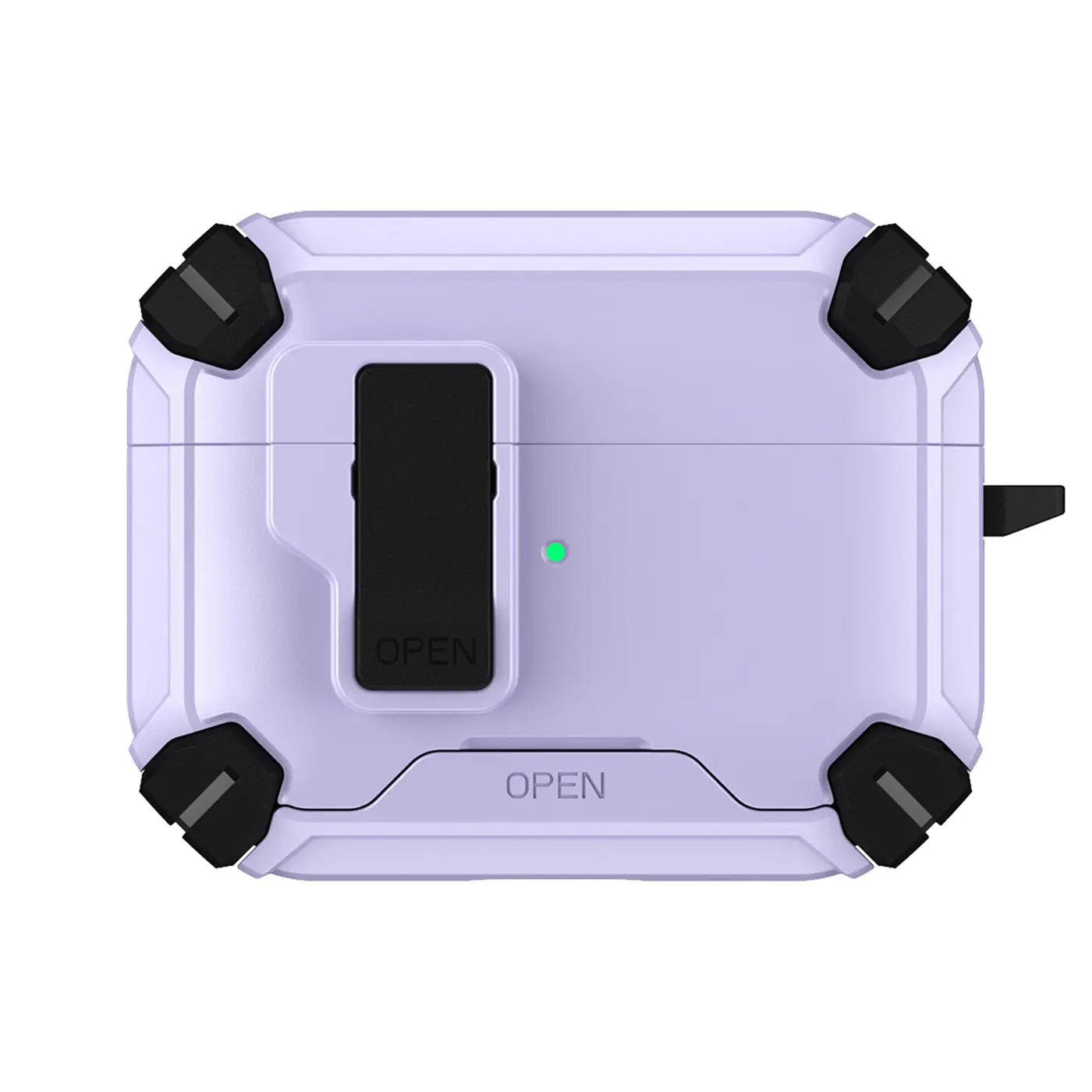 Lila Defender Hülle für AirPods Pro/Pro 2 aus Kunststoff mit schwarzem Karabiner, von oben gesehen.