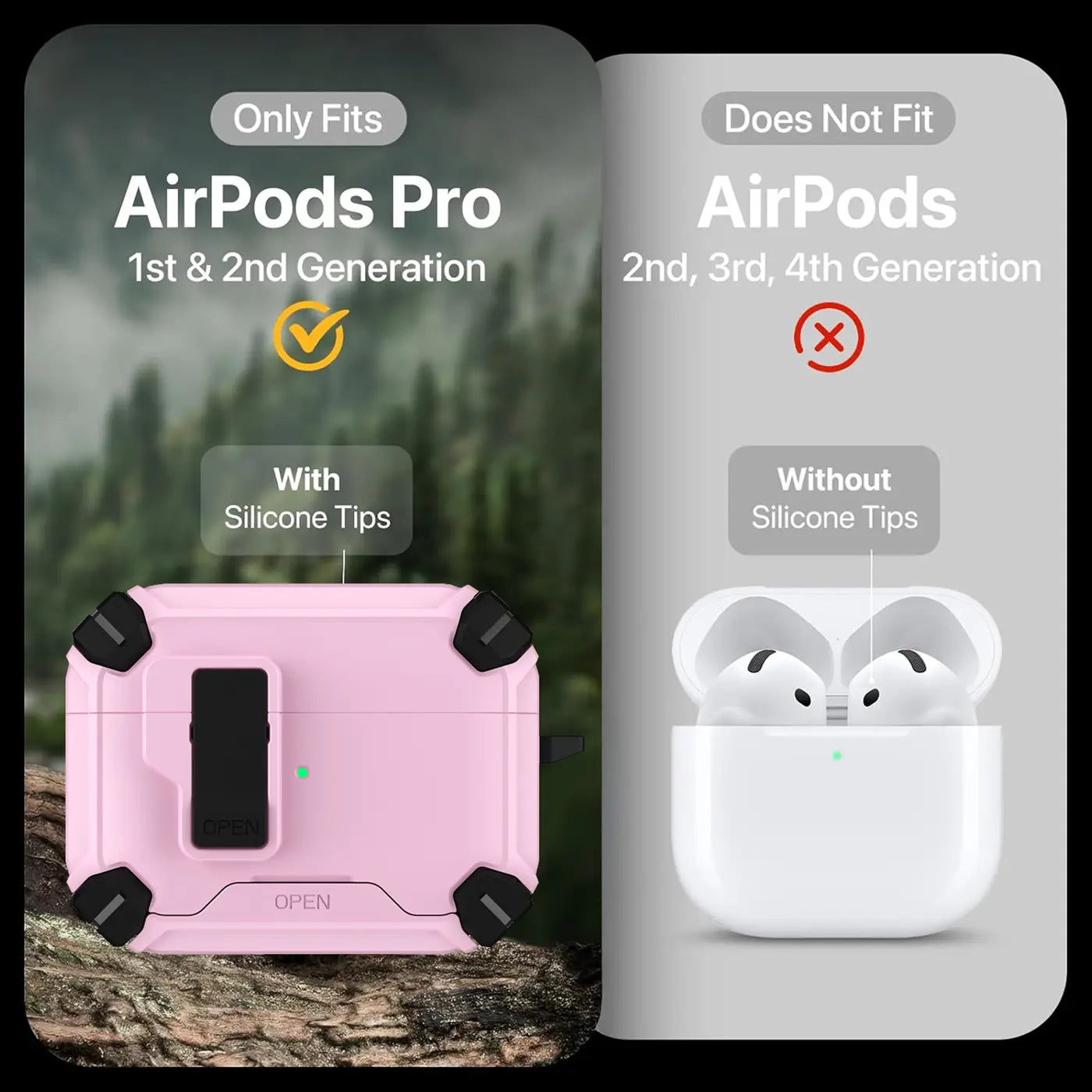 Rosa Defender Hülle für AirPods Pro (1./2. Gen.) mit schwarzem Clip, auf Holz liegend. Rechts: weiße AirPods (3. Gen.)