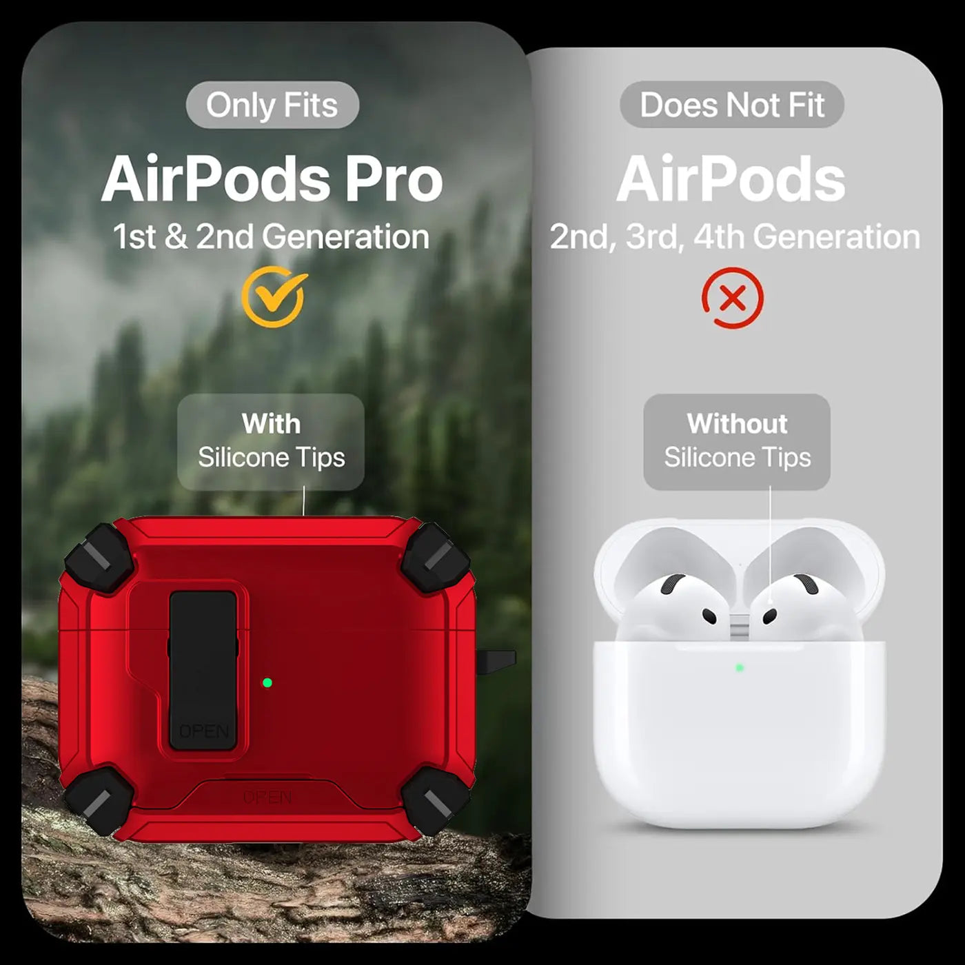 Rote, robuste AirPods Pro Defender Hülle mit Karabiner, schräg von oben auf Holz liegend. Daneben weiße AirPods.