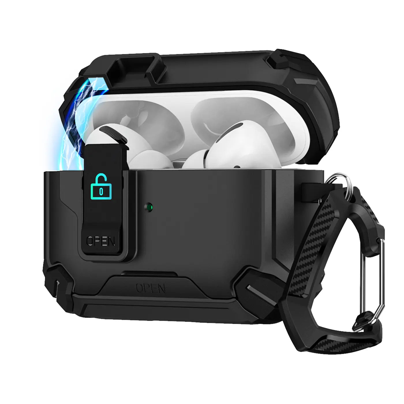 Schwarze, robuste AirPods Pro Hülle aus Kunststoff mit offenem Deckel, darin weiße AirPods. Seitlich ein Karabiner.