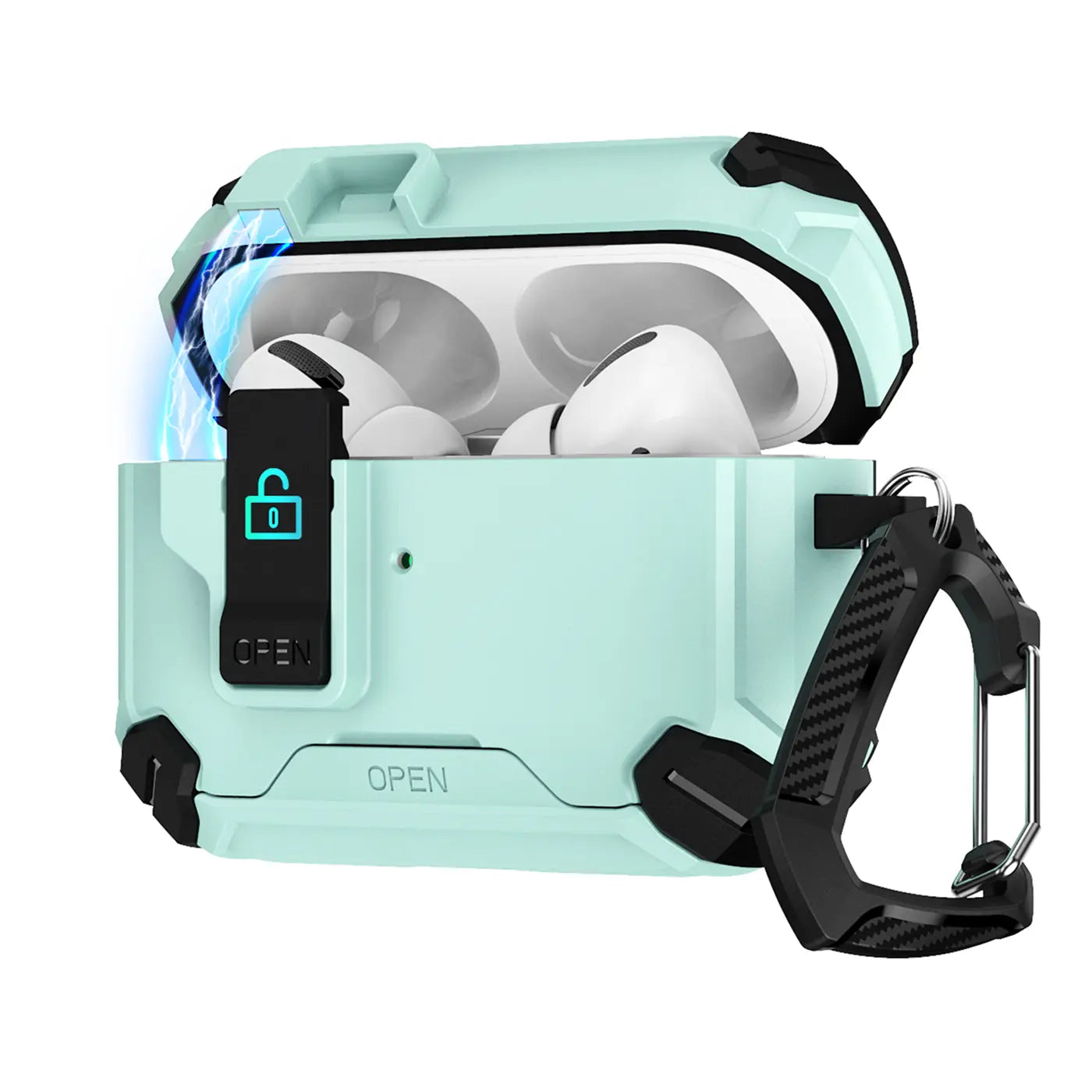 Mintgrüne, offene AirPods Pro Defender Hülle aus Kunststoff mit schwarzen Akzenten, Karabiner und weißen AirPods.