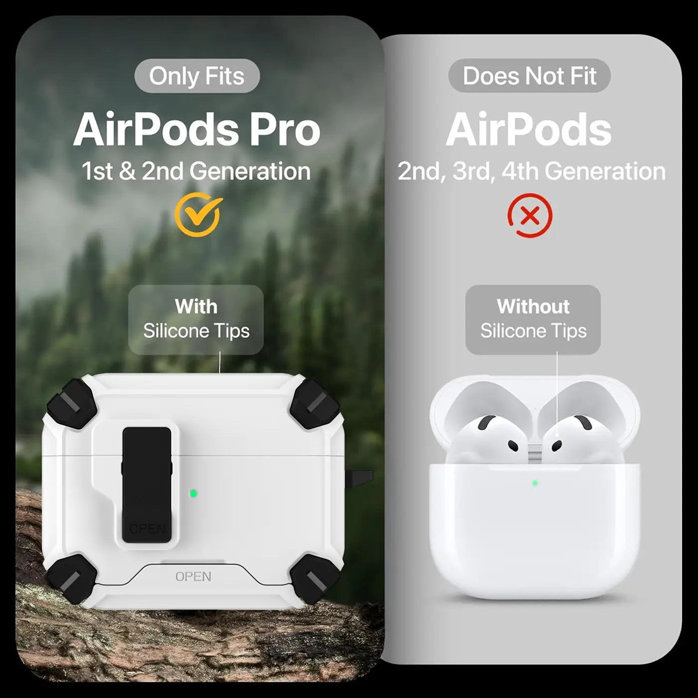 Weiße, robuste AirPods Pro Hülle mit schwarzem Karabinerhalter, auf Holz liegend. Rechts: weiße AirPods 3. Gen.