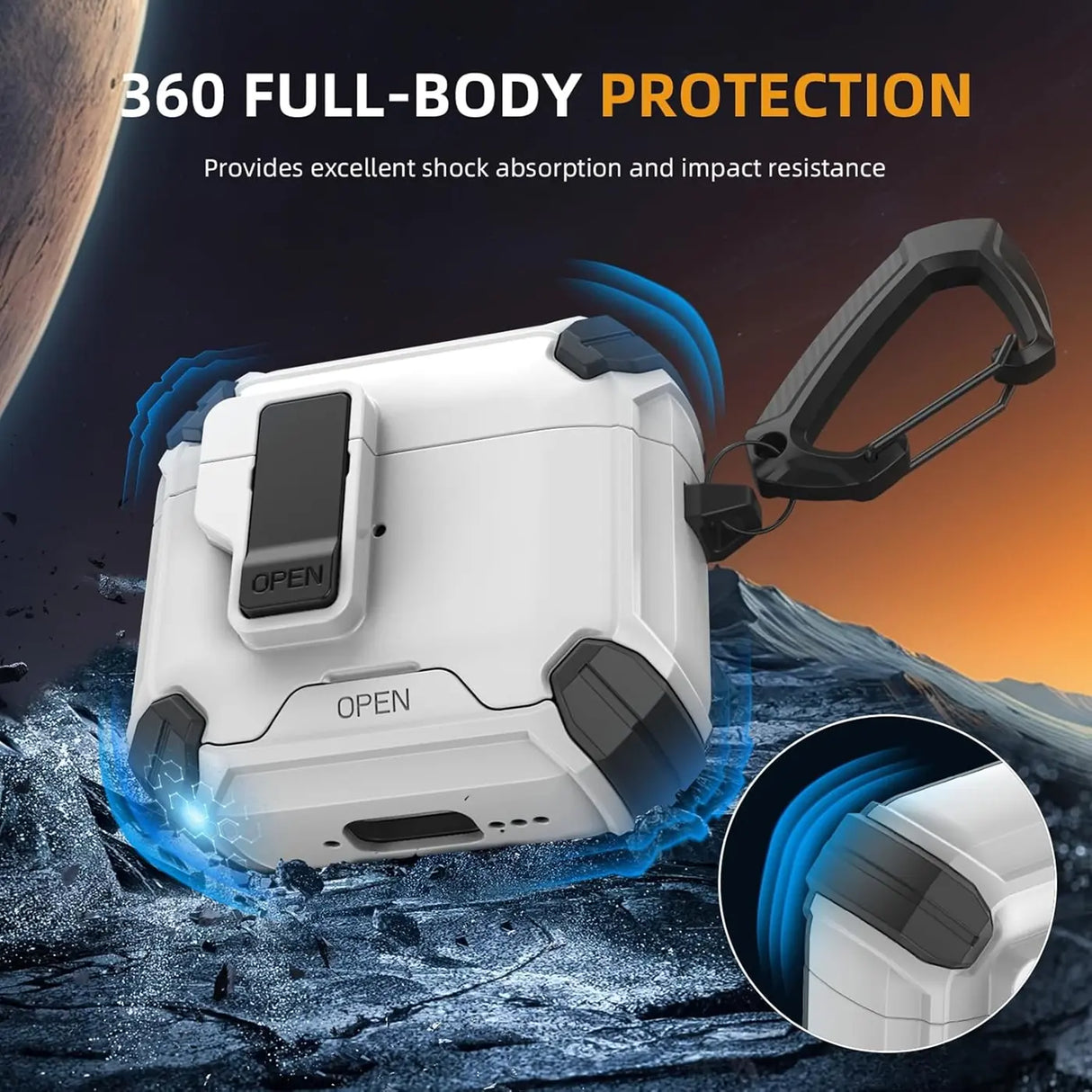 Schutzhülle für AirPods Pro / Pro 2 mit stoßfestem Gehäuse, Karabiner und Standfunktion - ideal für Alltag und unterwegs