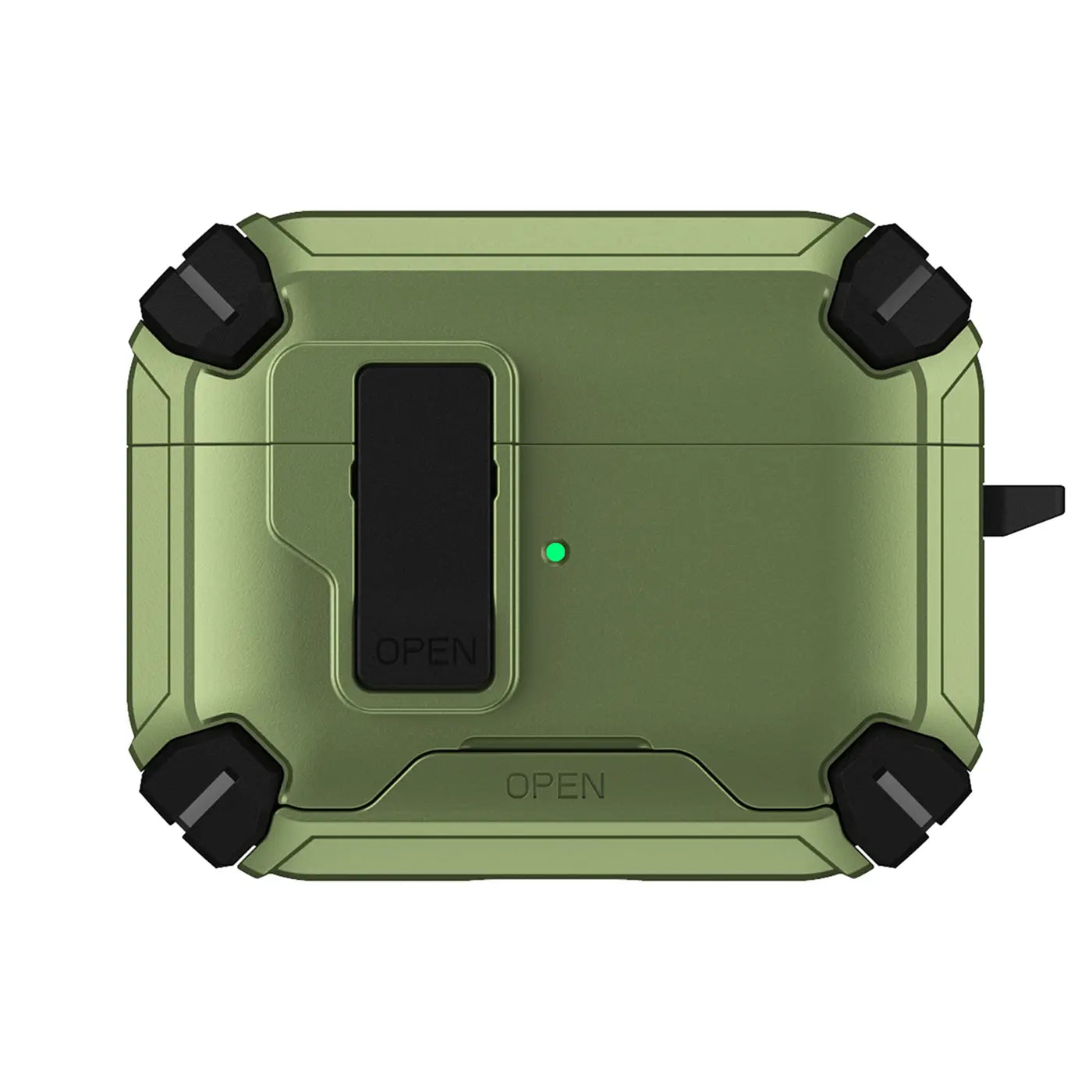 Grüne, robuste Kunststoff-Hülle für AirPods Pro 3, Draufsicht. Mit schwarzem Verschluss, Karabineröse und Lade-LED.