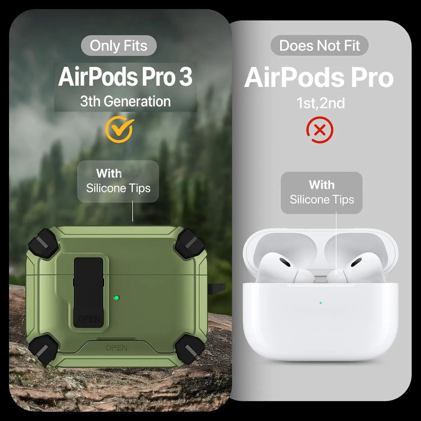 Grüne, robuste AirPods Pro 3 Hülle mit Karabiner auf Felsen, daneben weiße AirPods Pro 1/2 Hülle zum Vergleich.