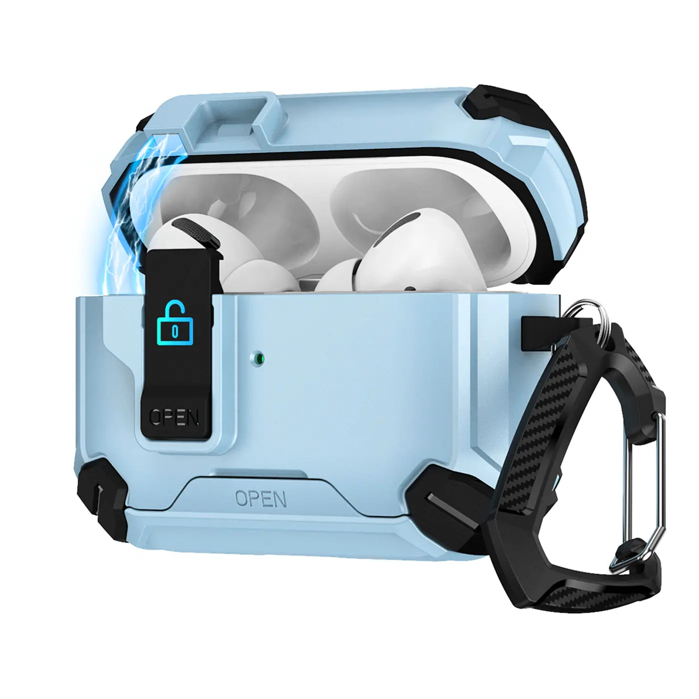 Hellblaue, offene Defender Hülle aus Kunststoff für AirPods Pro 3 mit Karabiner, schräg von vorne.