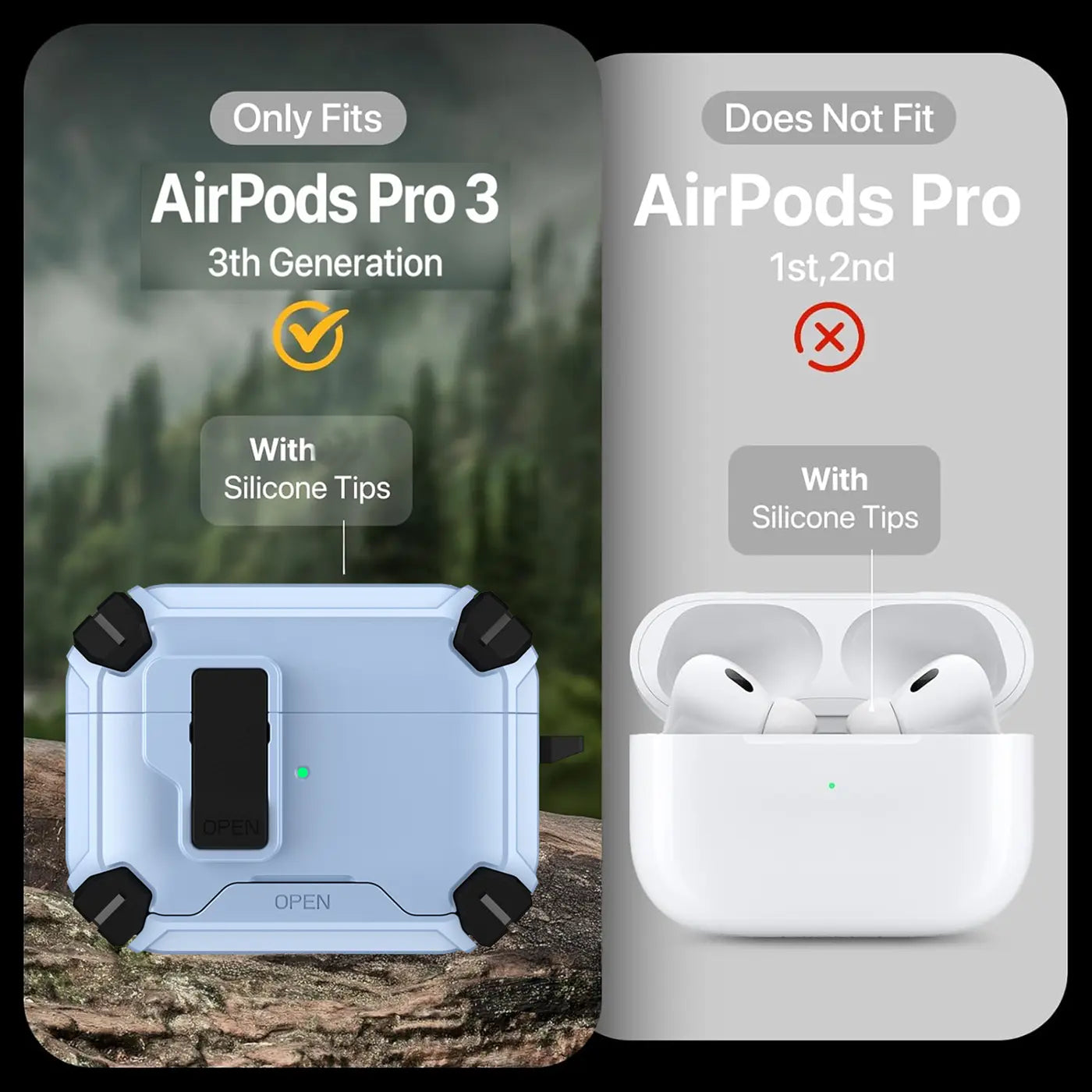 Hellblaue Defender Hülle aus Kunststoff für AirPods Pro 3 (3. Gen.) mit Karabiner, schräg von vorne.