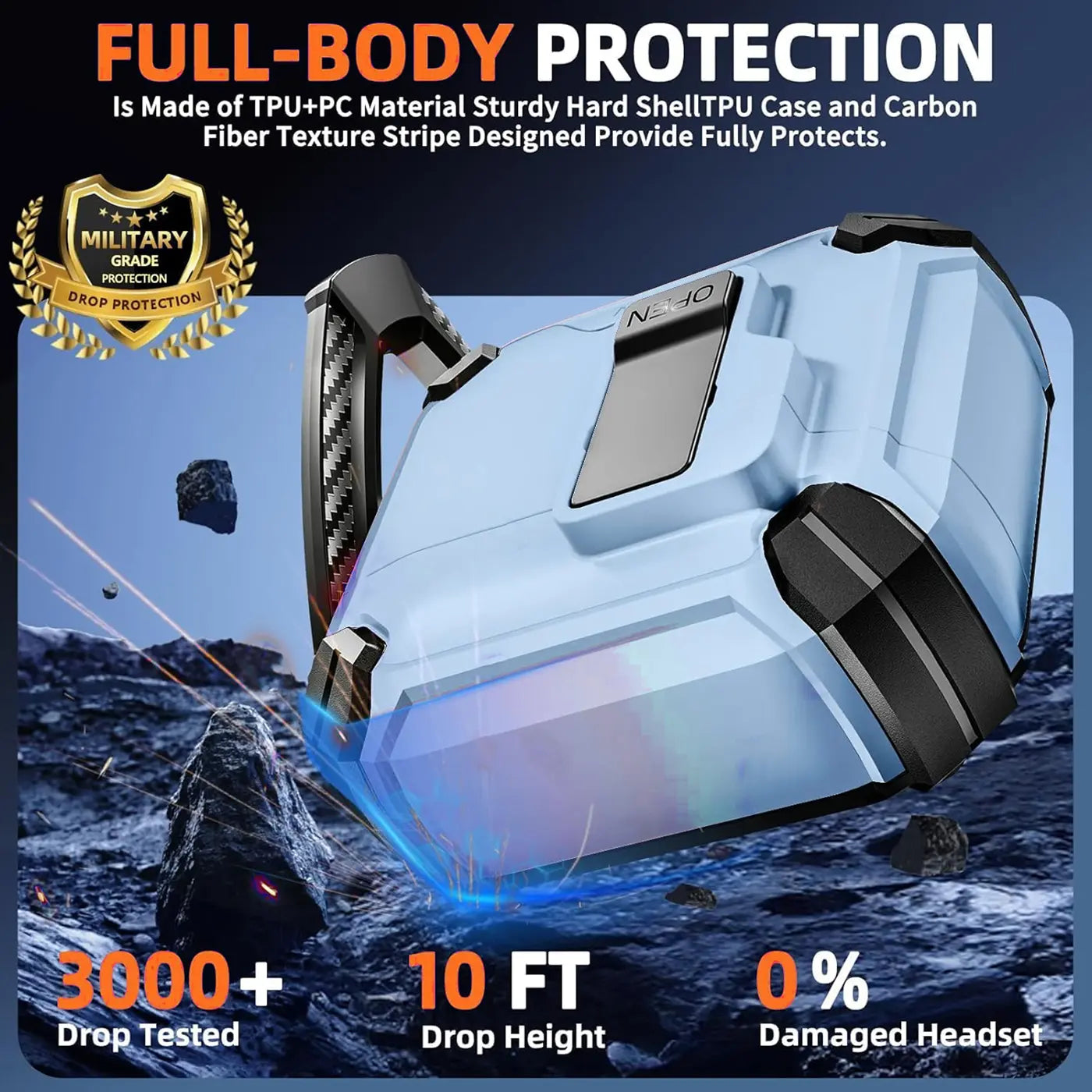 Hellblaue, robuste AirPods Pro 3 Defender Hülle mit Karabiner, schräg von oben, fällt auf felsigen Boden.
