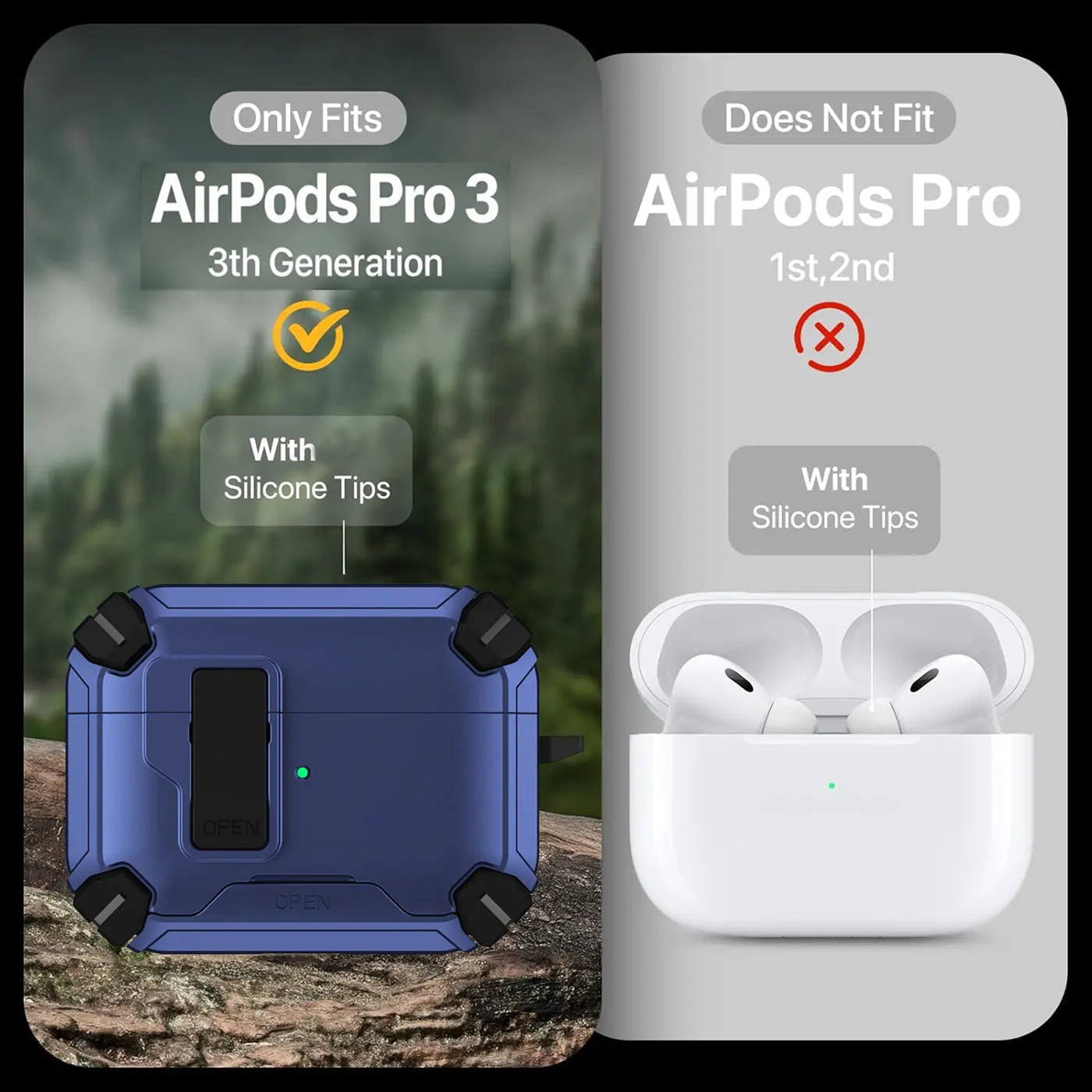 Blaue AirPods Pro 3 Defender Hülle aus Kunststoff, frontal auf Felsen, daneben weiße AirPods Pro 1/2.