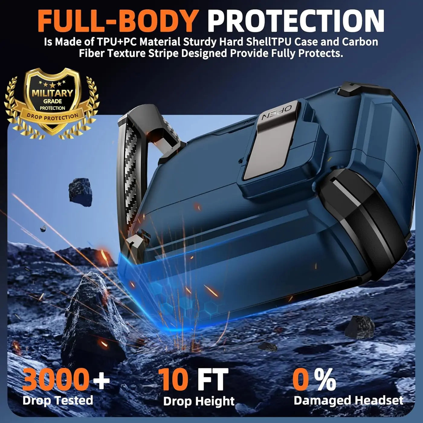 Dunkelblaue TPU+PC Defender Hülle für AirPods Pro 3 mit Karabiner, schräg von oben auf felsigem Boden.
