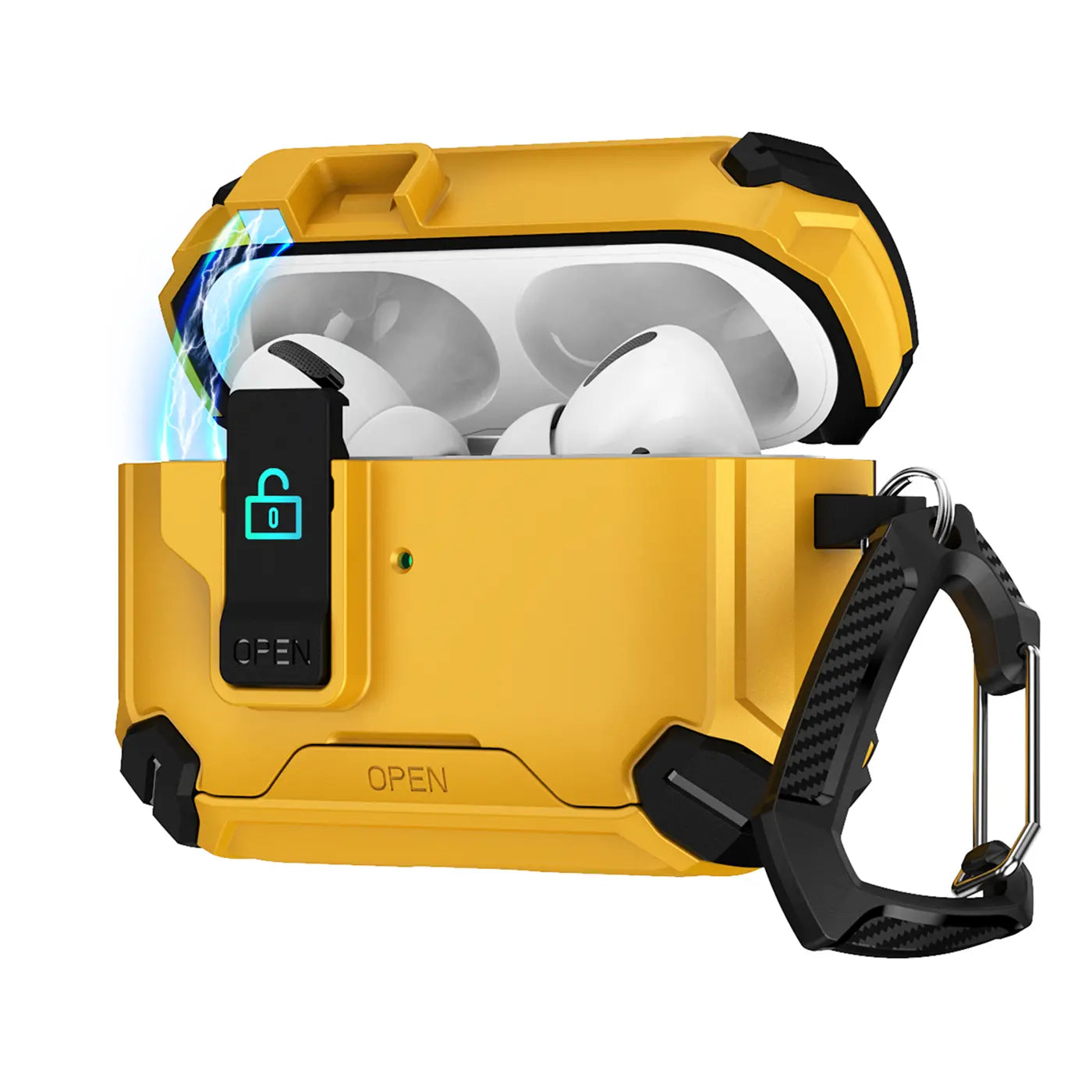 Gelbe Defender Hülle für AirPods Pro 3, offen mit weißen AirPods Pro 3, schwarzer Karabiner rechts, Frontansicht.