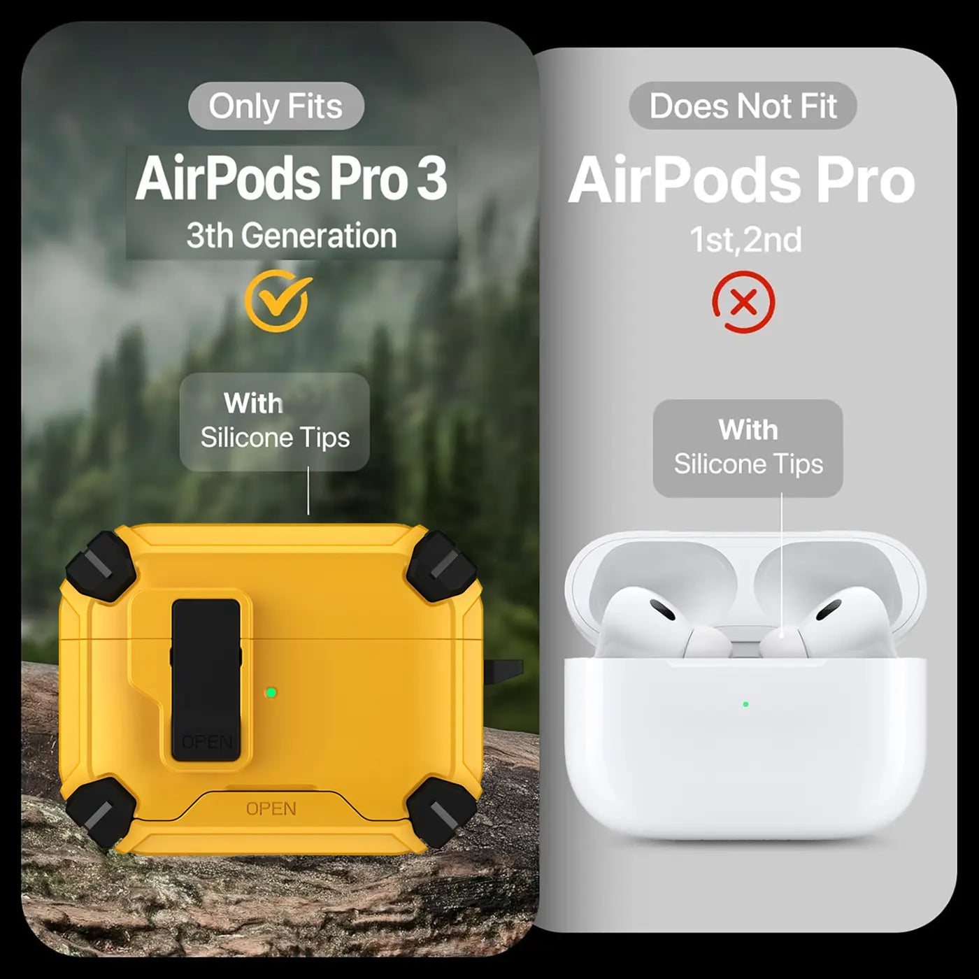 Gelbe Defender Hülle für AirPods Pro 3 (3. Gen.) mit Karabiner, schräg von vorne, auf Felsen. Rechts: AirPods Pro 1/2.