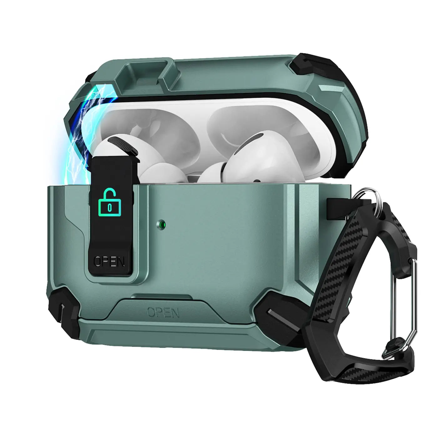Grüne, robuste AirPods Pro 3 Hülle aus Kunststoff mit offenem Deckel, weißen AirPods und schwarzem Karabiner, schräg von.