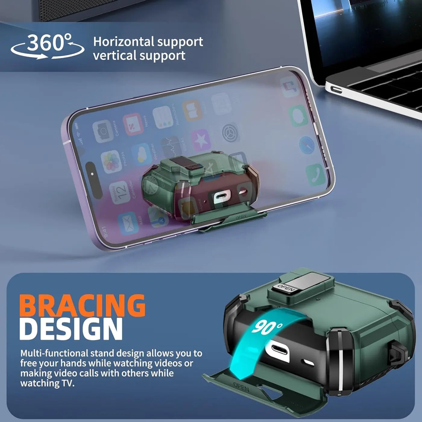 Grüne, robuste AirPods Pro 3 Hülle aus Kunststoff mit ausklappbarem Ständer, der ein Smartphone horizontal hält.