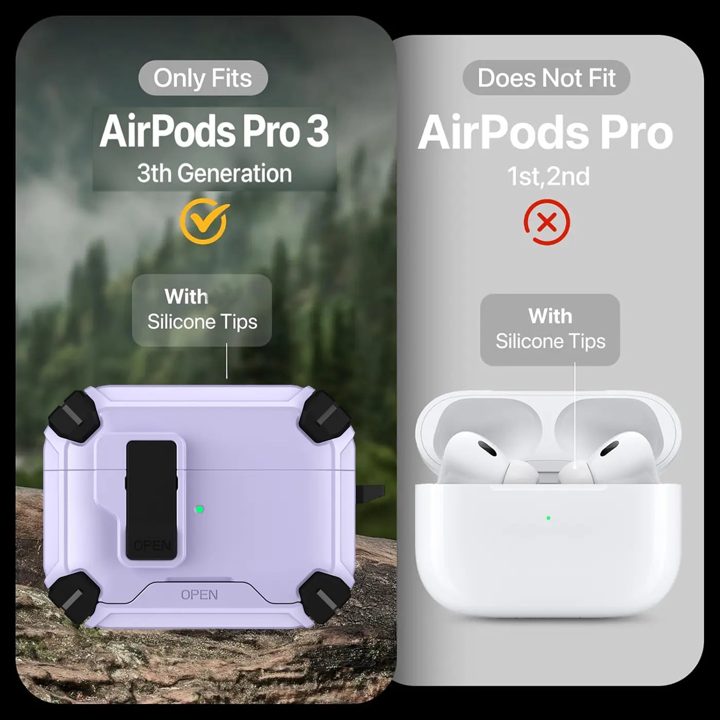 Lila AirPods Pro 3 Defender Hülle mit Karabiner, von vorne, daneben weiße AirPods Pro 1/2 Hülle.