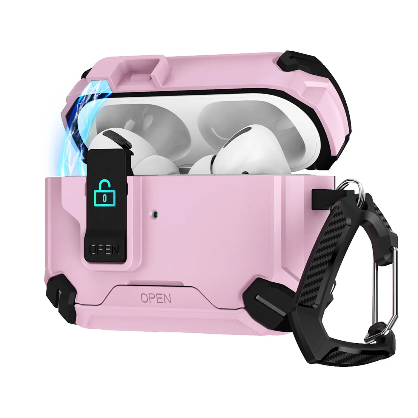 Rosa Defender Hülle aus Kunststoff für AirPods Pro 3, geöffnet mit sichtbaren AirPods, Karabiner an der Seite.