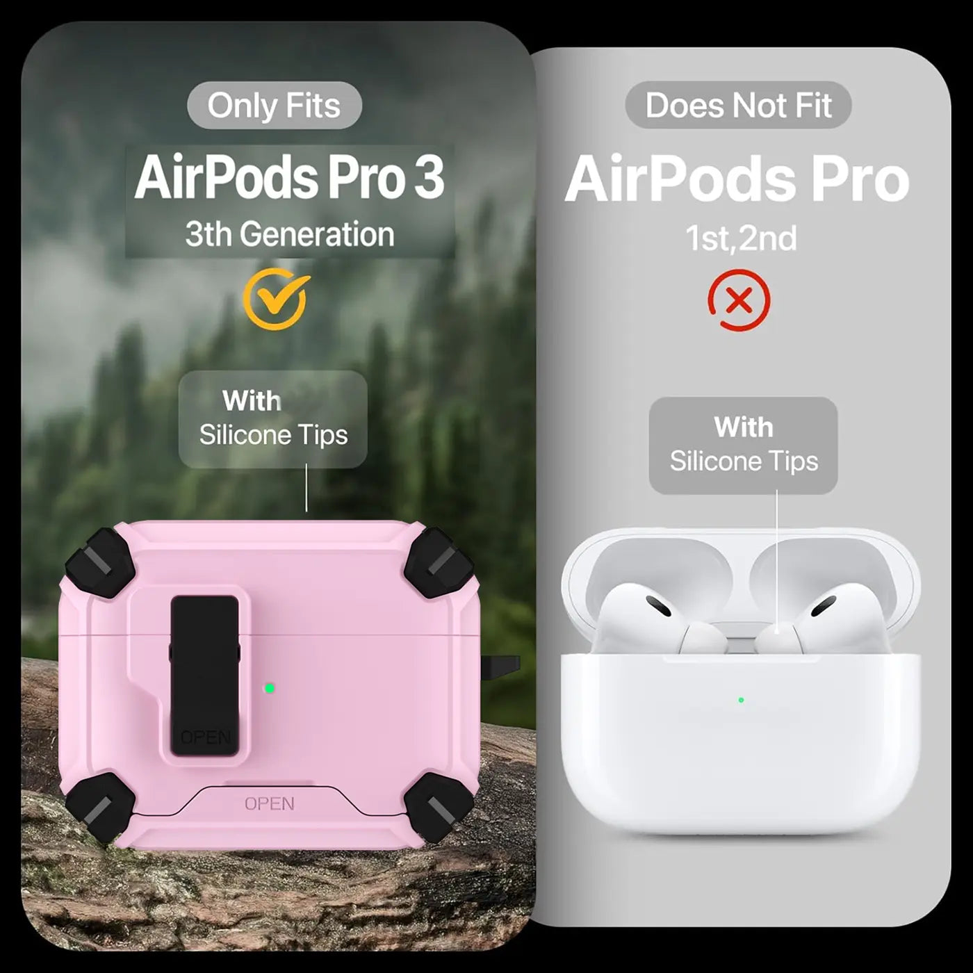 Rosa AirPods Pro 3 Defender Hülle mit Karabiner, von vorne, auf Felsen; daneben weiße AirPods Pro 1/2.