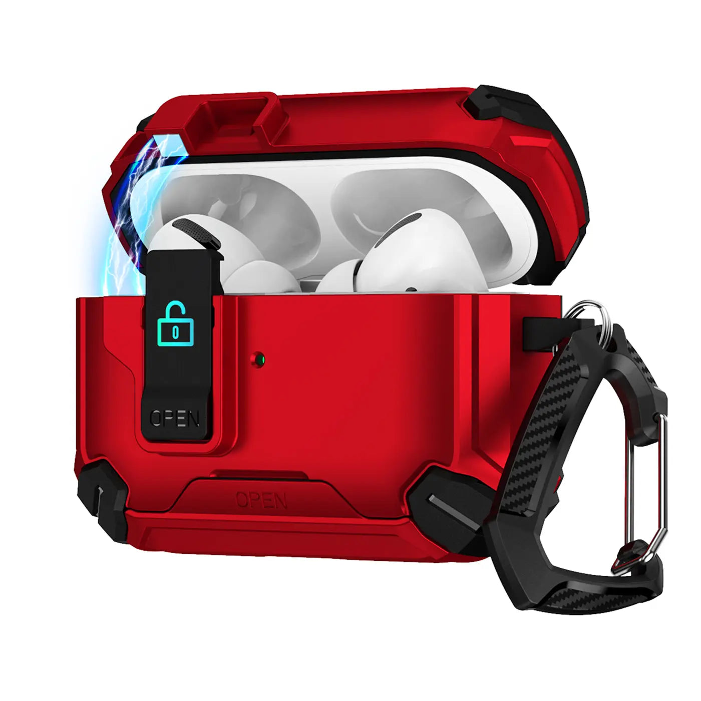 Rote, offene Defender Hülle aus Kunststoff für AirPods Pro 3 mit Karabiner, leicht schräg von vorne.