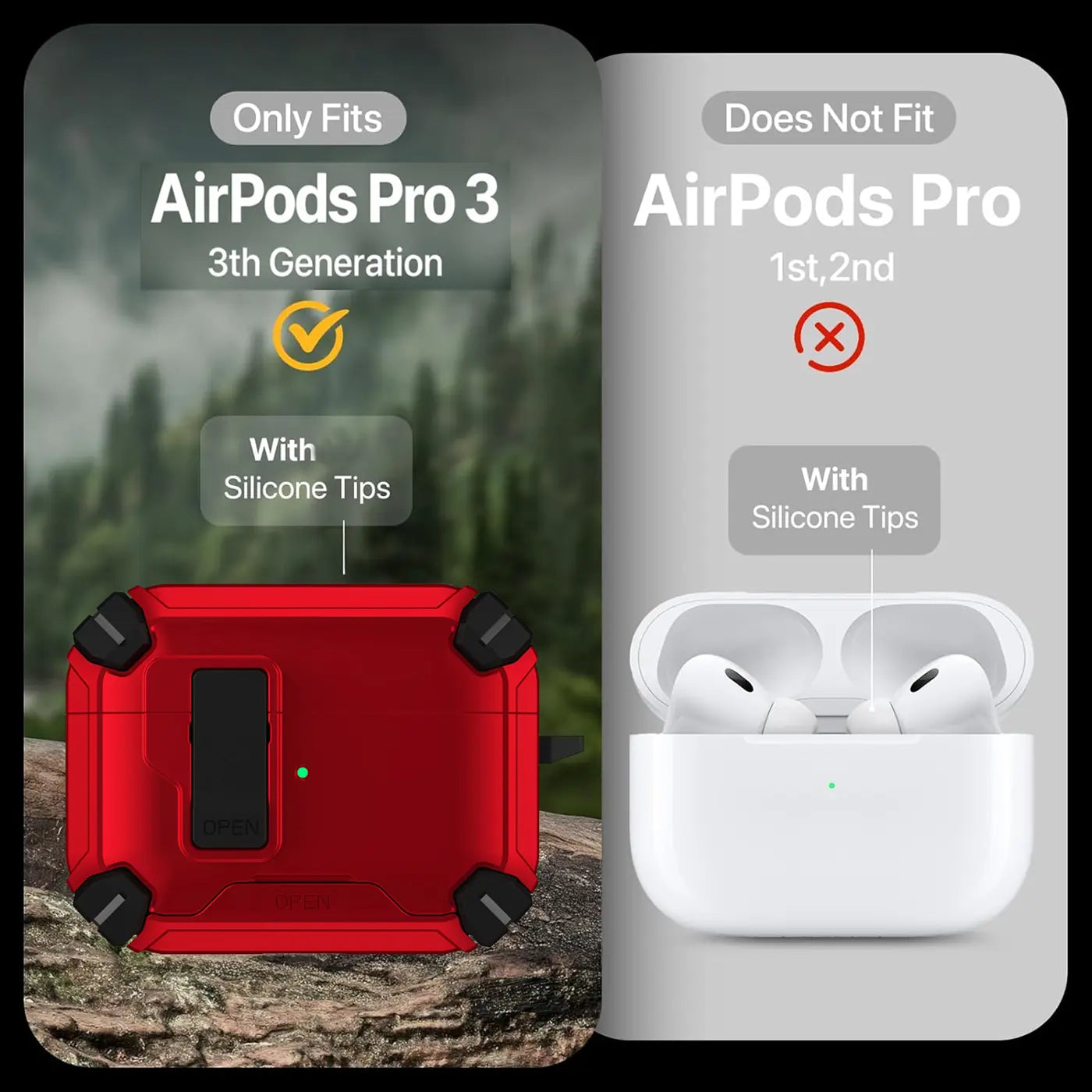 Rote, robuste AirPods Pro 3 Hülle aus Silikon/Kunststoff, Vorderansicht, auf Stein, daneben weiße AirPods Pro 1/2.
