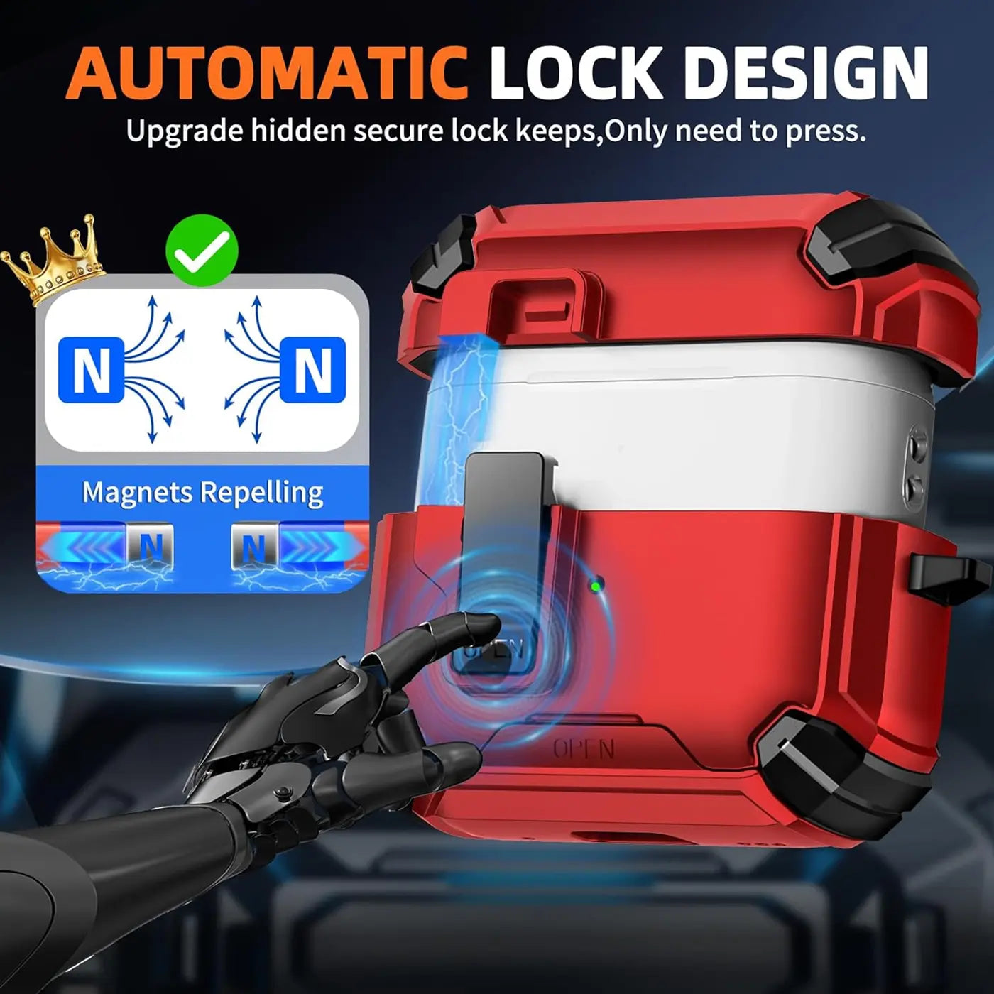 Rote, robuste AirPods Pro 3 Defender Hülle mit Karabiner, von der Seite gezeigt, mit einem Roboterfinger, der den Verschluss.