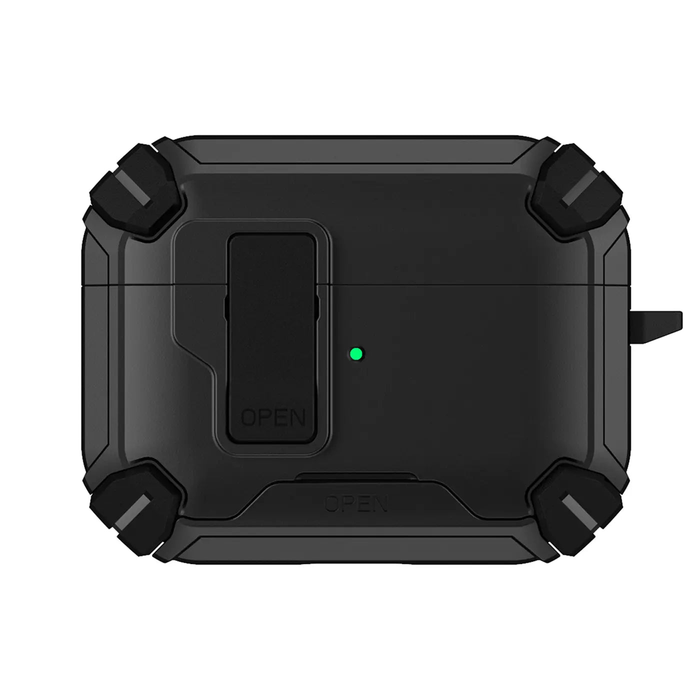 Schwarze, robuste AirPods Pro 3 Hülle aus Kunststoff mit Karabineröse, Verschluss und grünem LED-Punkt, Frontansicht.