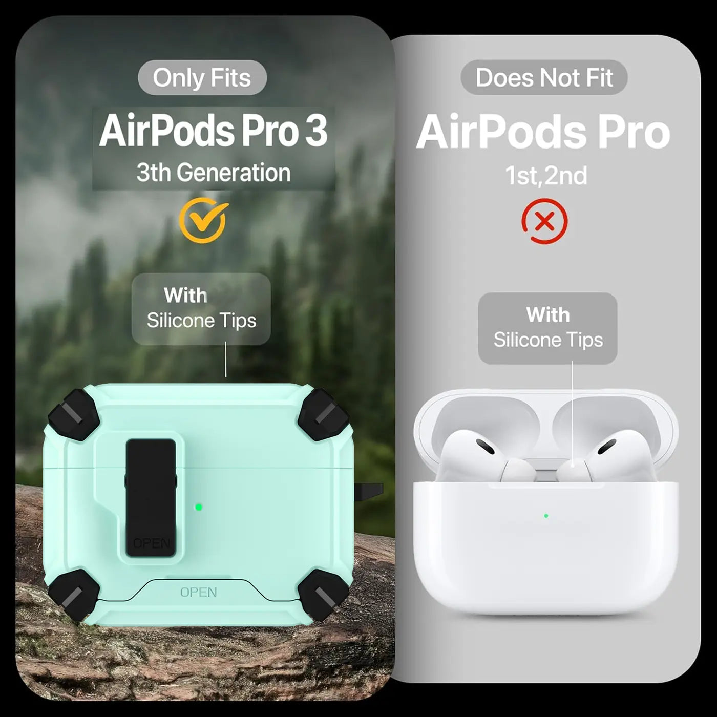 Mintgrüne AirPods Pro 3 Defender Hülle mit Karabiner, von vorne auf Felsen, daneben weiße AirPods Pro 1/2.
