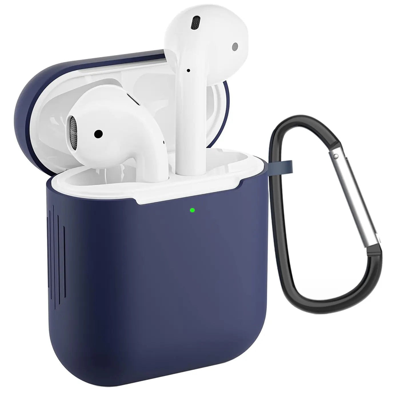 Marineblaue Silikonhülle für AirPods 1/2 Ladecase, offen mit weißen AirPods und Karabiner, leicht schräg von vorne.