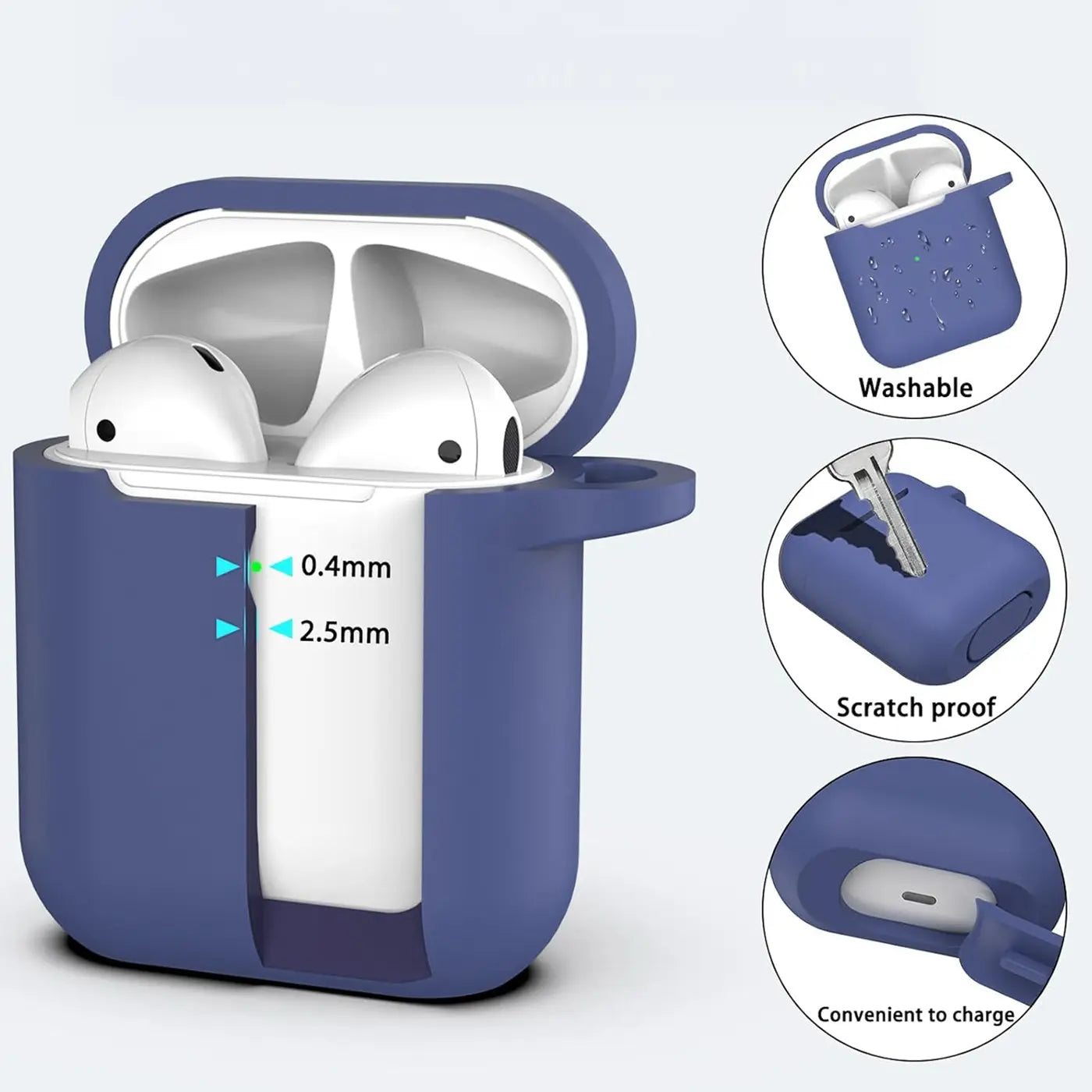 Blaue Silikonhülle für AirPods 1/2, offen mit eingesetzten Kopfhörern. Schnittbild zeigt 0.4mm/2.5mm Wandstärke.