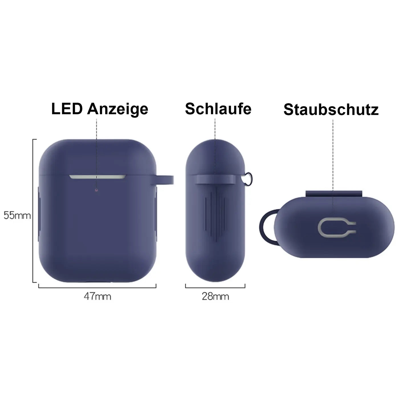 Drei Ansichten einer dunkelblauen Silikonhülle für AirPods 1/2 mit Karabiner, LED-Anzeige, Schlaufe und Staubschutz.